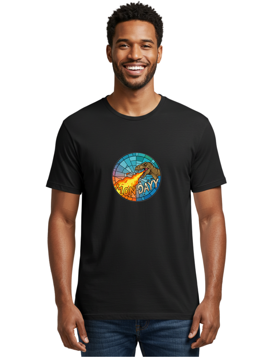 Mon-Dayy Men'S Graphic Tee, 100% Cotton, Comfortable Casual Summer Wear, Machine Washable, Cartoon T-Rex, Stained Glass Art, Fire-Breathing Dinosaur, Monday Motivation, Humorous Graphic, Bold Font, Dinosaur Artwork, Funny T-Rex Bae506