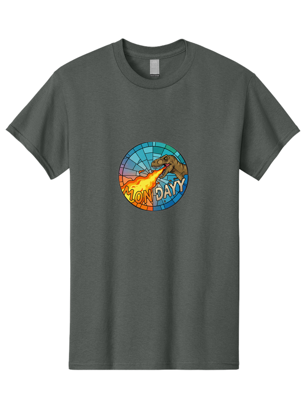 Mon-Dayy Men'S Graphic Tee, 100% Cotton, Comfortable Casual Summer Wear, Machine Washable, Cartoon T-Rex, Stained Glass Art, Fire-Breathing Dinosaur, Monday Motivation, Humorous Graphic, Bold Font, Dinosaur Artwork, Funny T-Rex Bae506