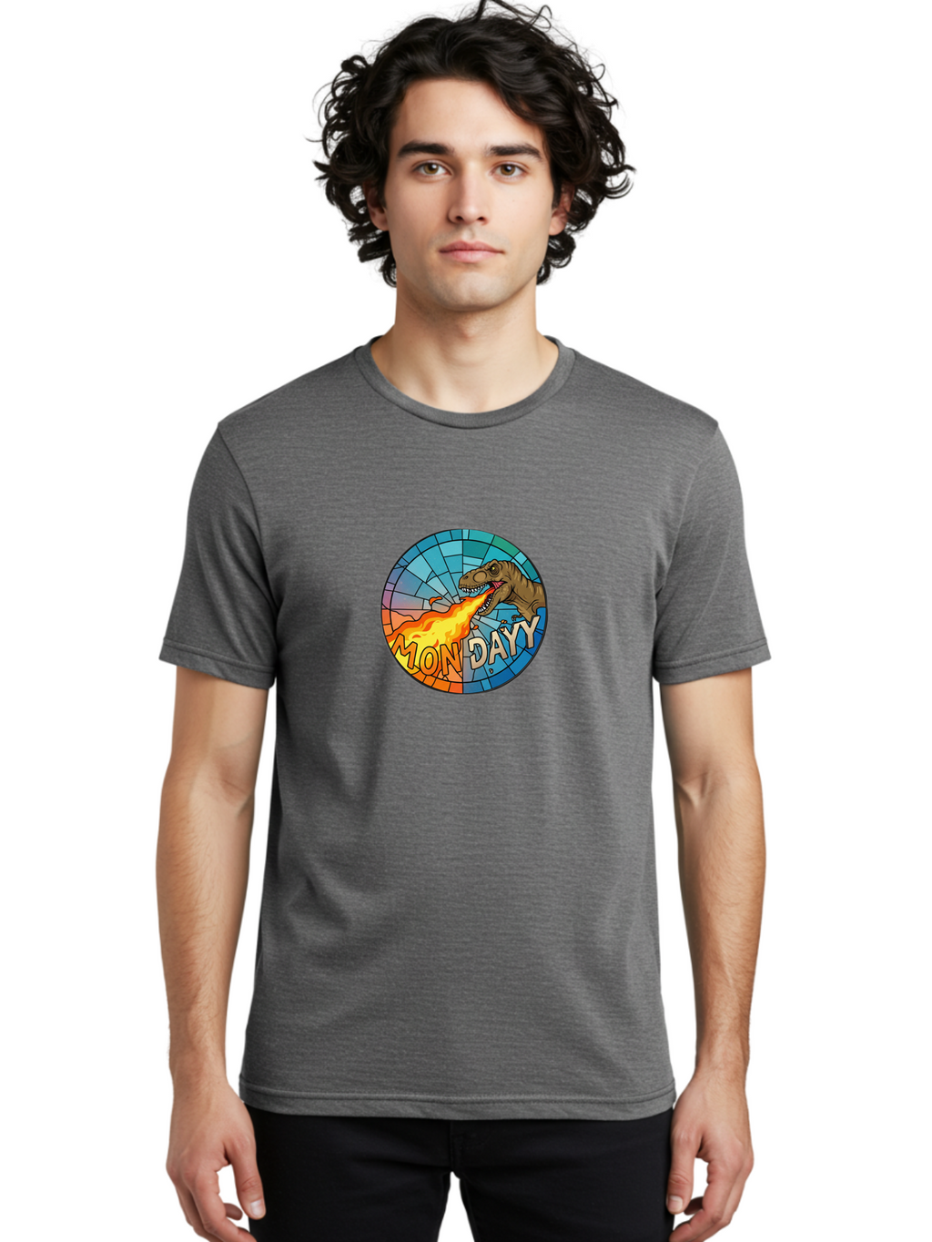 Mon-Dayy Men'S Graphic Tee, 100% Cotton, Comfortable Casual Summer Wear, Machine Washable, Cartoon T-Rex, Stained Glass Art, Fire-Breathing Dinosaur, Monday Motivation, Humorous Graphic, Bold Font, Dinosaur Artwork, Funny T-Rex Bae506