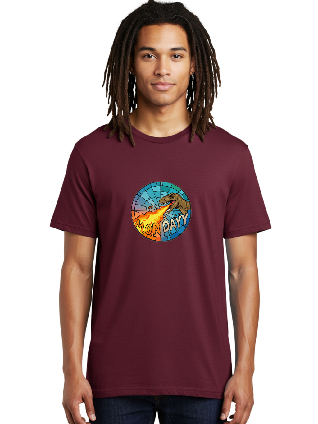 Mon-Dayy Men'S Graphic Tee, 100% Cotton, Comfortable Casual Summer Wear, Machine Washable, Cartoon T-Rex, Stained Glass Art, Fire-Breathing Dinosaur, Monday Motivation, Humorous Graphic, Bold Font, Dinosaur Artwork, Funny T-Rex Bae506