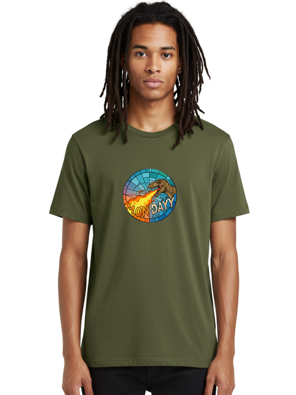 Mon-Dayy Men'S Graphic Tee, 100% Cotton, Comfortable Casual Summer Wear, Machine Washable, Cartoon T-Rex, Stained Glass Art, Fire-Breathing Dinosaur, Monday Motivation, Humorous Graphic, Bold Font, Dinosaur Artwork, Funny T-Rex Bae506