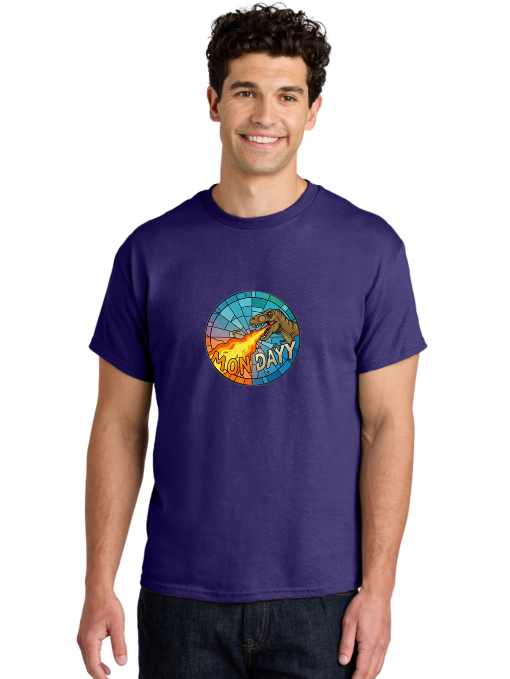 Mon-Dayy Men'S Graphic Tee, 100% Cotton, Comfortable Casual Summer Wear, Machine Washable, Cartoon T-Rex, Stained Glass Art, Fire-Breathing Dinosaur, Monday Motivation, Humorous Graphic, Bold Font, Dinosaur Artwork, Funny T-Rex Bae506