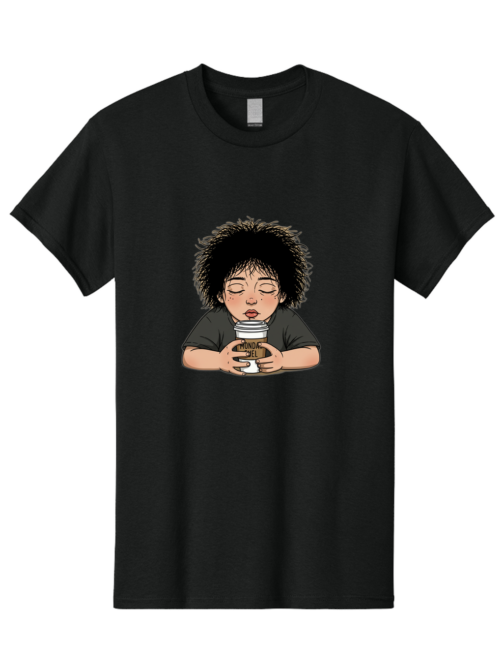 Monda-Ciel-Coffee Men'S Graphic Tee, 100% Cotton, Comfortable Casual Summer Wear, Machine Washable, Cartoon Child Drinking Coffee, Monda Jiel Coffee Cup, Relaxed Atmosphere, Coffee Culture, Morning Ritual, Coffee Lover, Black Coffee Bae507