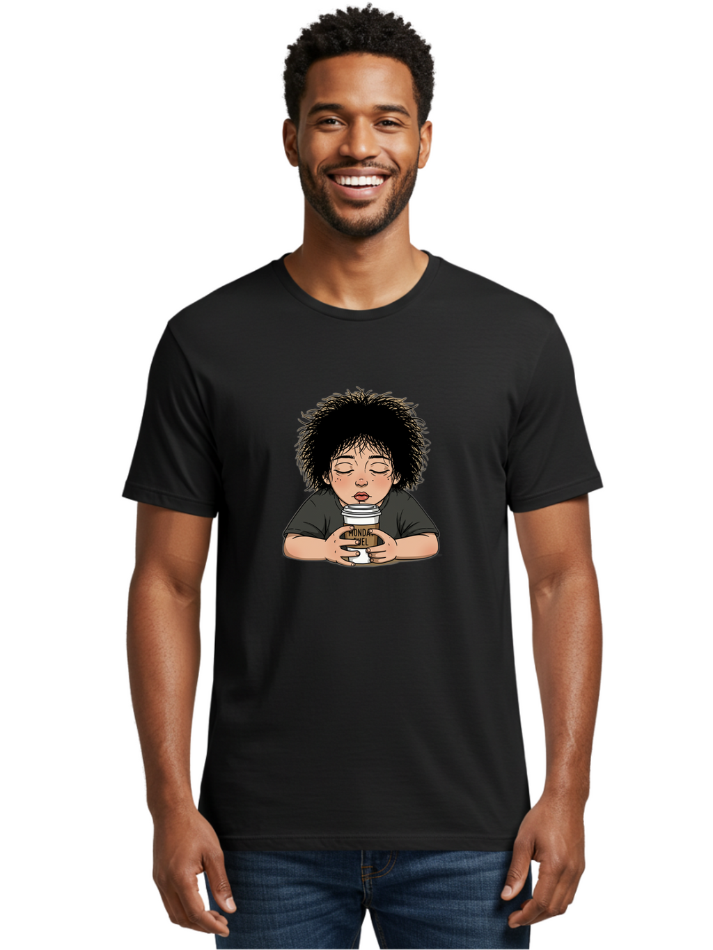 Monda-Ciel-Coffee Men'S Graphic Tee, 100% Cotton, Comfortable Casual Summer Wear, Machine Washable, Cartoon Child Drinking Coffee, Monda Jiel Coffee Cup, Relaxed Atmosphere, Coffee Culture, Morning Ritual, Coffee Lover, Black Coffee Bae507