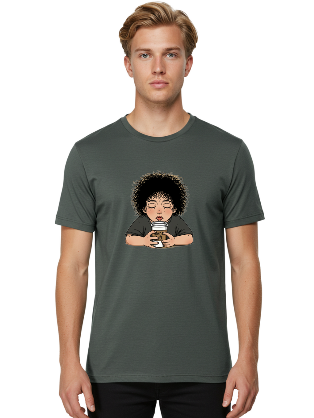 Monda-Ciel-Coffee Men'S Graphic Tee, 100% Cotton, Comfortable Casual Summer Wear, Machine Washable, Cartoon Child Drinking Coffee, Monda Jiel Coffee Cup, Relaxed Atmosphere, Coffee Culture, Morning Ritual, Coffee Lover, Black Coffee Bae507
