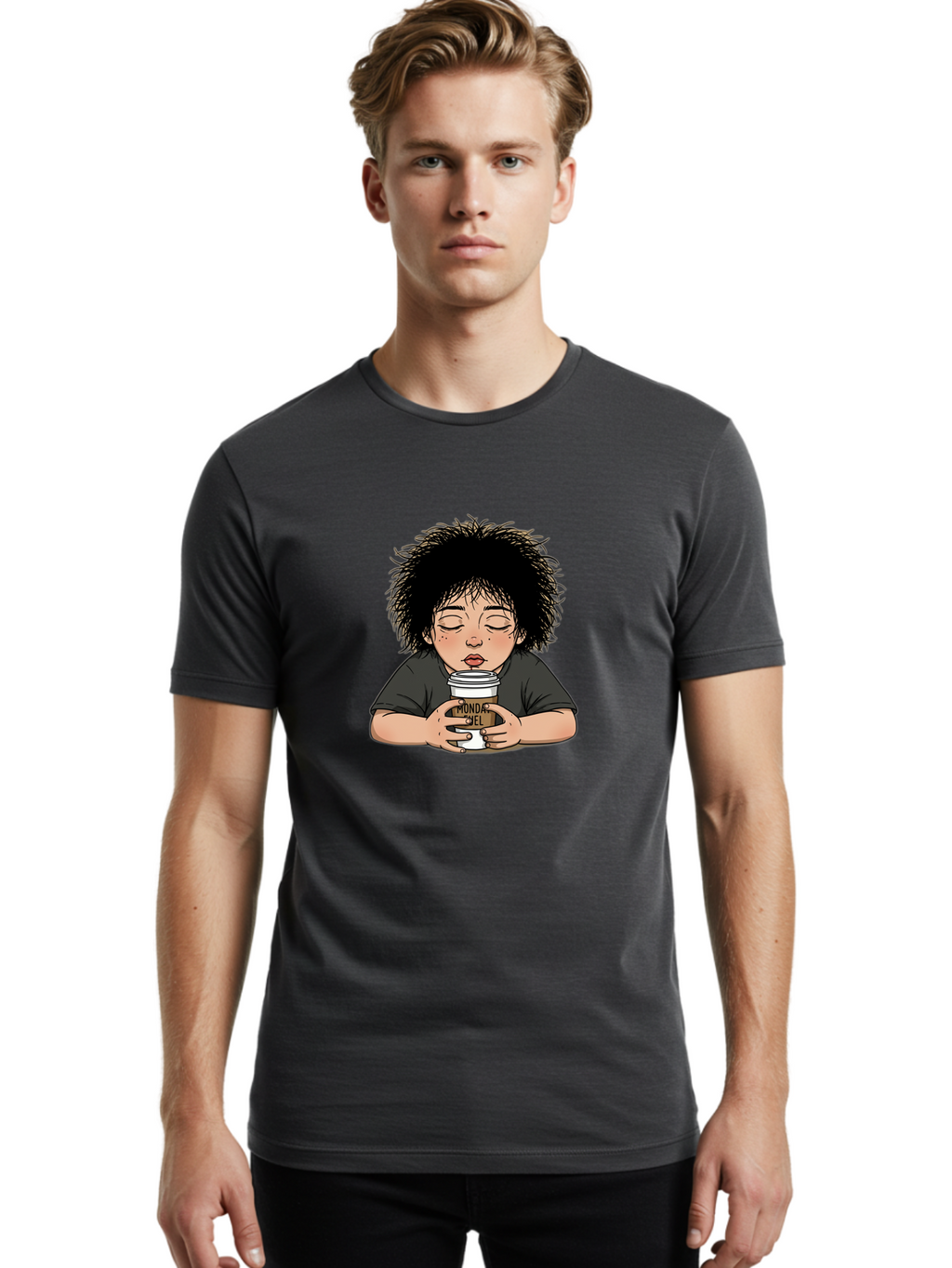 Monda-Ciel-Coffee Men'S Graphic Tee, 100% Cotton, Comfortable Casual Summer Wear, Machine Washable, Cartoon Child Drinking Coffee, Monda Jiel Coffee Cup, Relaxed Atmosphere, Coffee Culture, Morning Ritual, Coffee Lover, Black Coffee Bae507