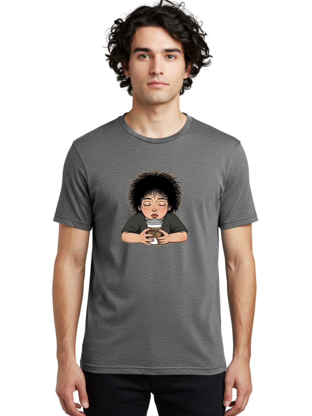 Monda-Ciel-Coffee Men'S Graphic Tee, 100% Cotton, Comfortable Casual Summer Wear, Machine Washable, Cartoon Child Drinking Coffee, Monda Jiel Coffee Cup, Relaxed Atmosphere, Coffee Culture, Morning Ritual, Coffee Lover, Black Coffee Bae507