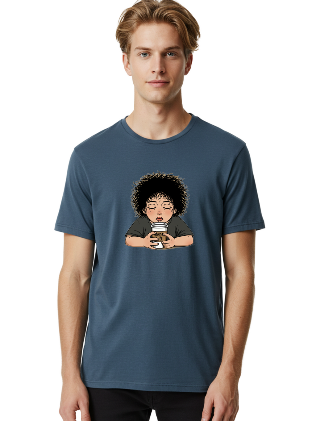 Monda-Ciel-Coffee Men'S Graphic Tee, 100% Cotton, Comfortable Casual Summer Wear, Machine Washable, Cartoon Child Drinking Coffee, Monda Jiel Coffee Cup, Relaxed Atmosphere, Coffee Culture, Morning Ritual, Coffee Lover, Black Coffee Bae507
