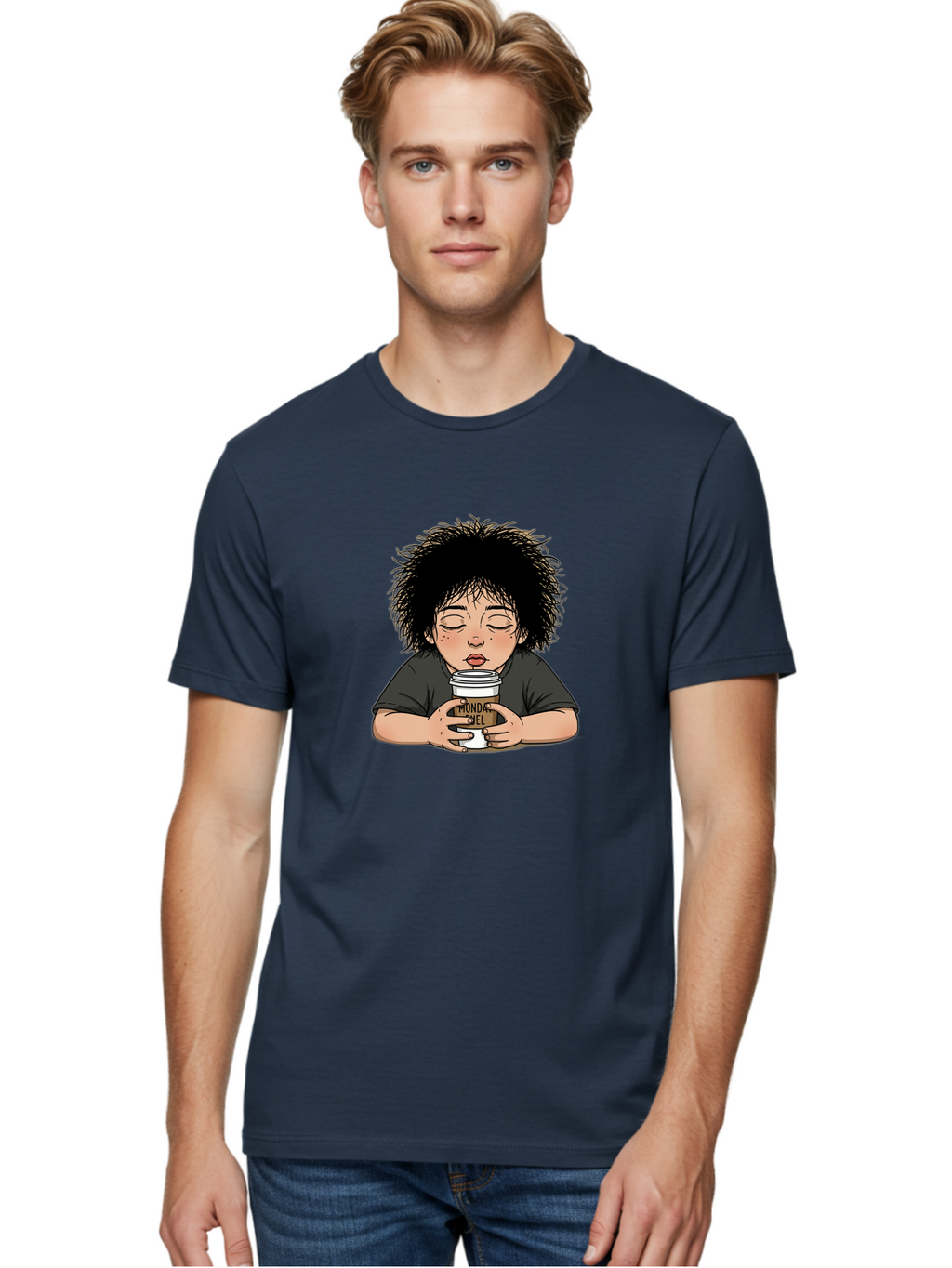 Monda-Ciel-Coffee Men'S Graphic Tee, 100% Cotton, Comfortable Casual Summer Wear, Machine Washable, Cartoon Child Drinking Coffee, Monda Jiel Coffee Cup, Relaxed Atmosphere, Coffee Culture, Morning Ritual, Coffee Lover, Black Coffee Bae507