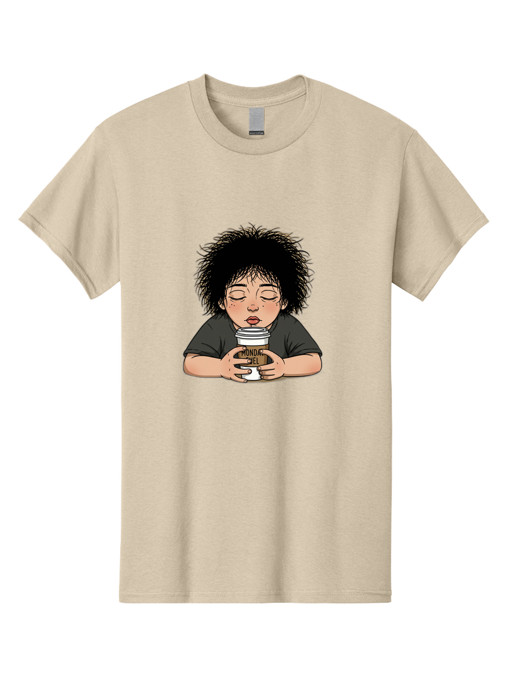 Monda-Ciel-Coffee Men'S Graphic Tee, 100% Cotton, Comfortable Casual Summer Wear, Machine Washable, Cartoon Child Drinking Coffee, Monda Jiel Coffee Cup, Relaxed Atmosphere, Coffee Culture, Morning Ritual, Coffee Lover, Black Coffee Bae507