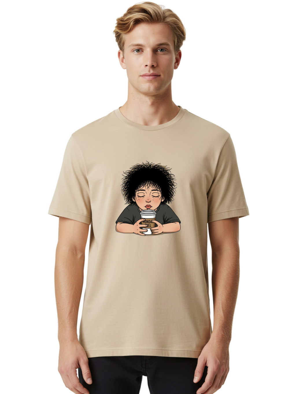 Monda-Ciel-Coffee Men'S Graphic Tee, 100% Cotton, Comfortable Casual Summer Wear, Machine Washable, Cartoon Child Drinking Coffee, Monda Jiel Coffee Cup, Relaxed Atmosphere, Coffee Culture, Morning Ritual, Coffee Lover, Black Coffee Bae507