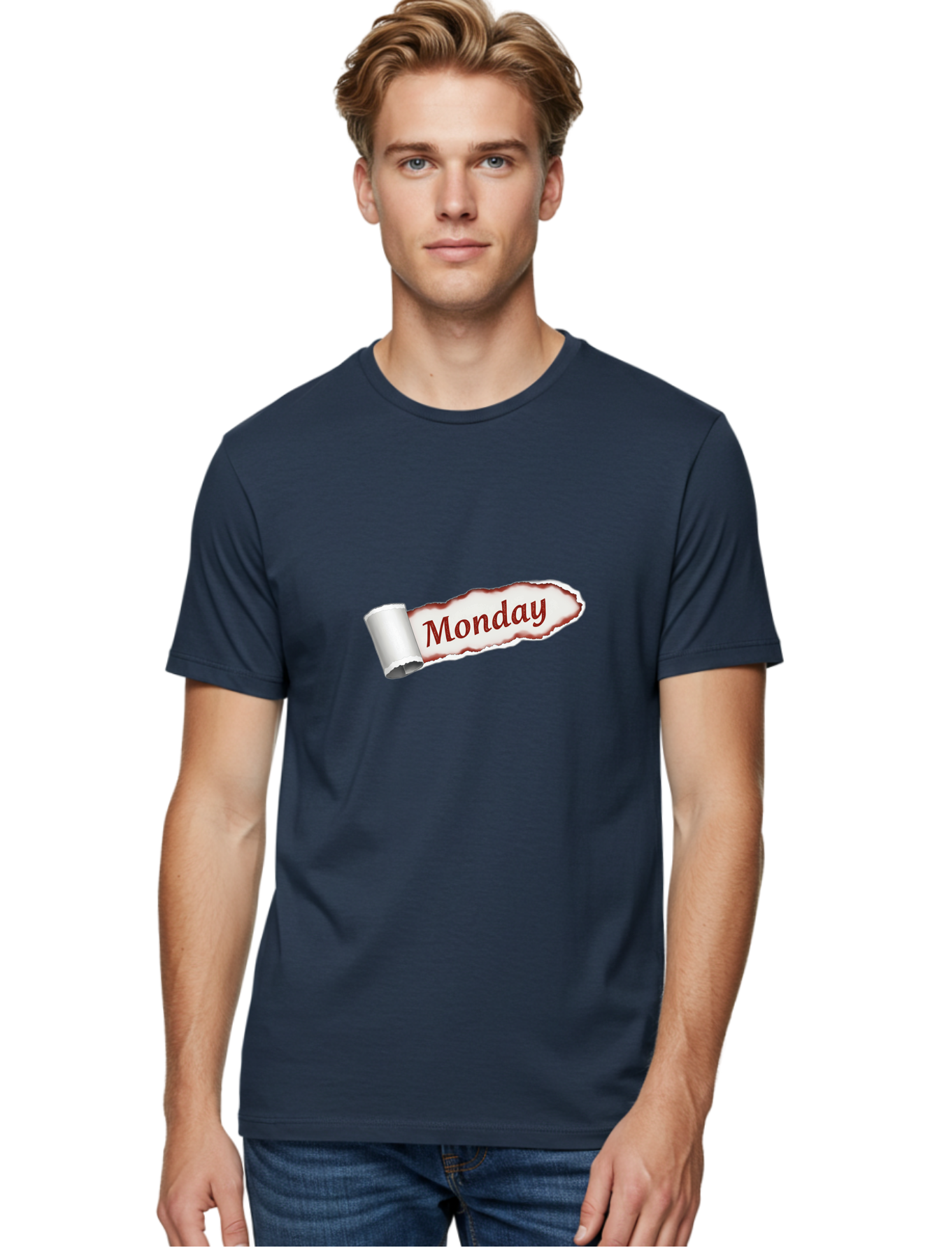 Monday-3 Men'S Graphic Tee, 100% Cotton, Comfortable Casual Summer Wear, Machine Washable, Torn Paper, Monday Text, Red Font, Ripped Edge, Curled Corner, Digital Graphic, Calendar Day Bae510