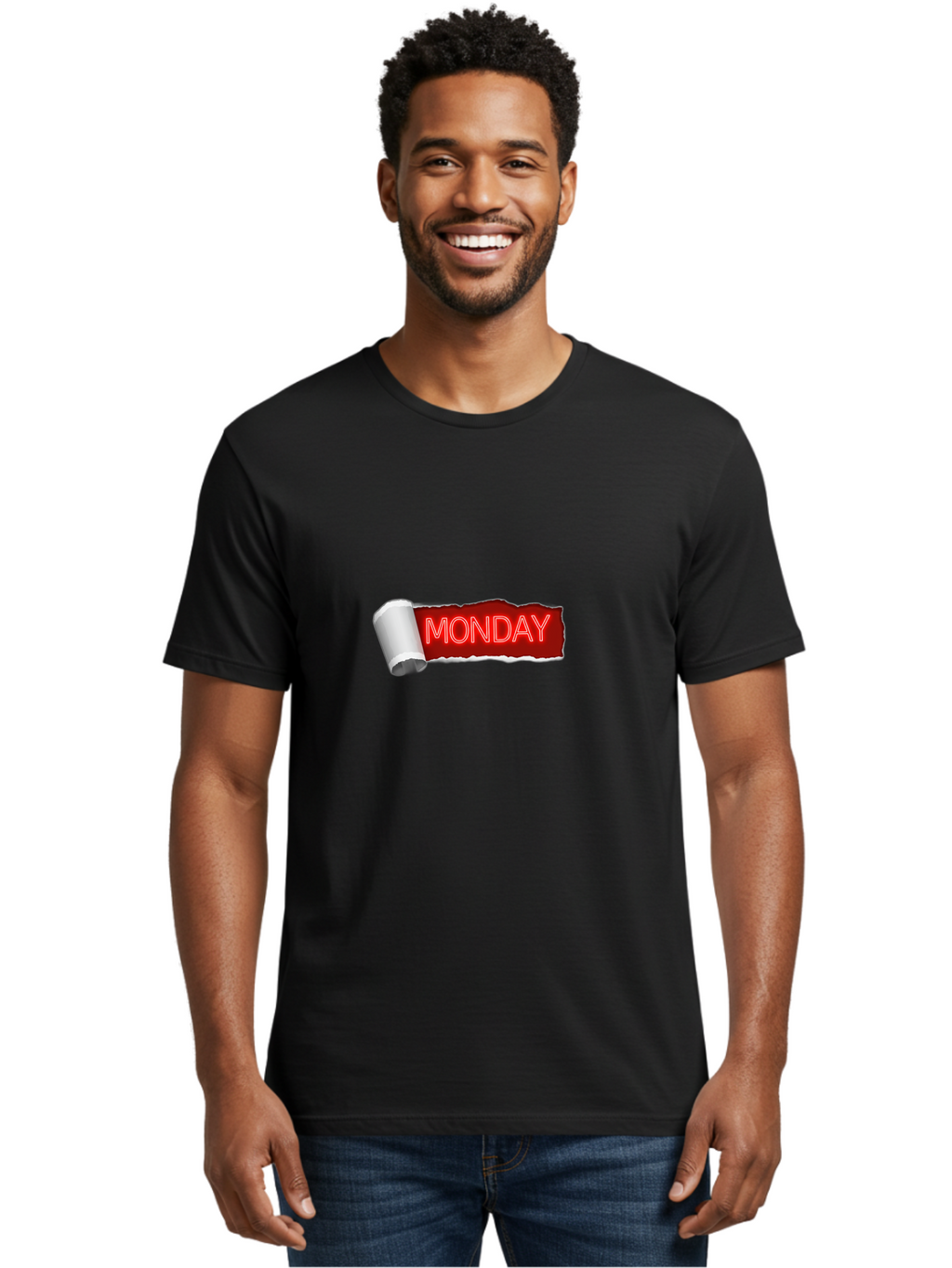 Monday-5 Men'S Graphic Tee, 100% Cotton, Comfortable Casual Summer Wear, Machine Washable, Monday Text, Ripped Paper Effect, Red And White Color Scheme, Bold Font, Weekly Reminder, Morning Motivation, Day Of The Week, Calendar Label Bae512