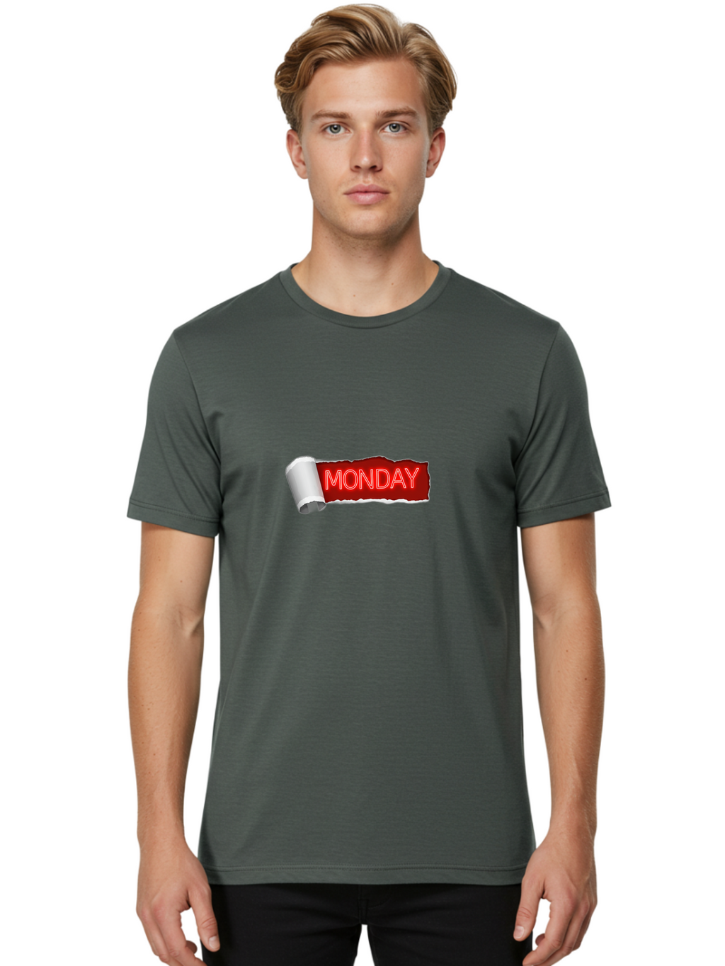 Monday-5 Men'S Graphic Tee, 100% Cotton, Comfortable Casual Summer Wear, Machine Washable, Monday Text, Ripped Paper Effect, Red And White Color Scheme, Bold Font, Weekly Reminder, Morning Motivation, Day Of The Week, Calendar Label Bae512