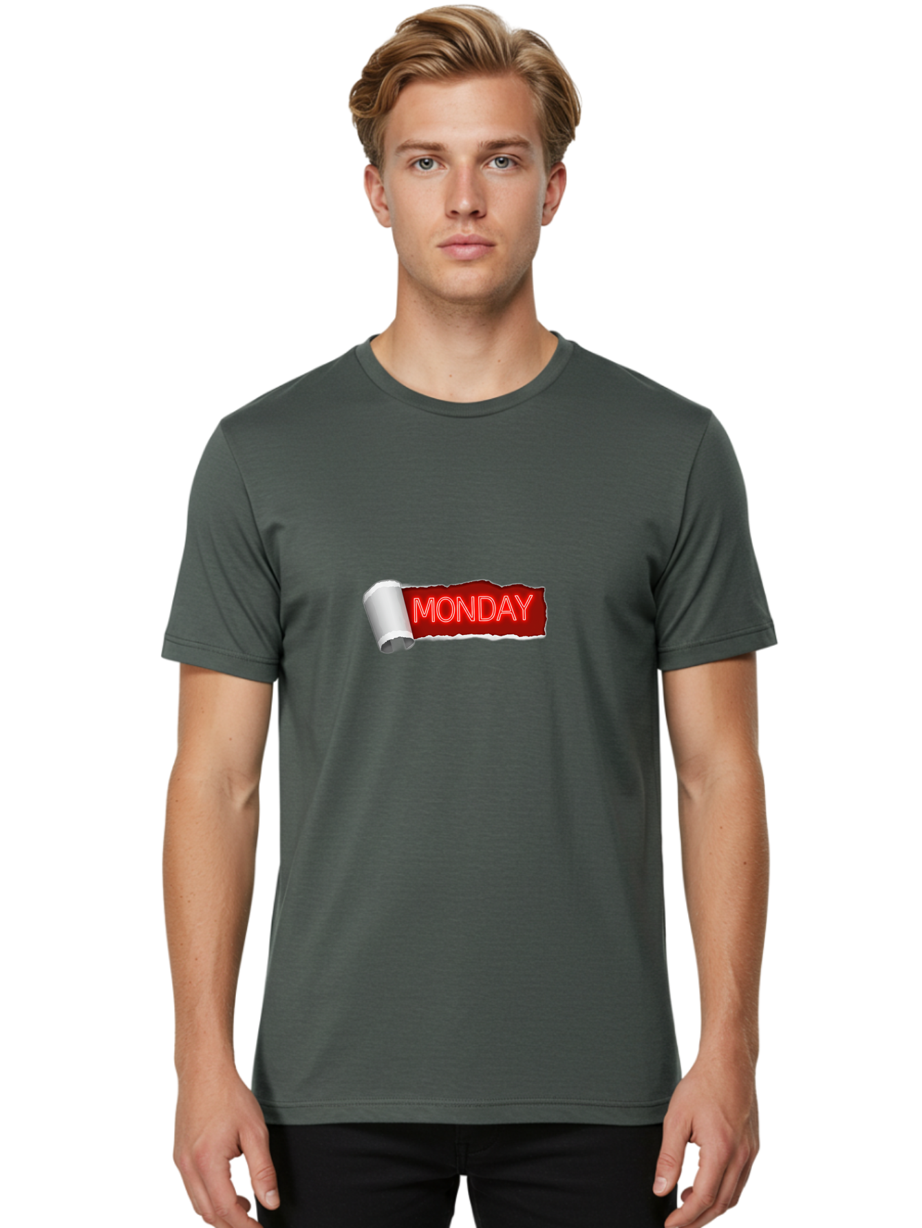 Monday-5 Men'S Graphic Tee, 100% Cotton, Comfortable Casual Summer Wear, Machine Washable, Monday Text, Ripped Paper Effect, Red And White Color Scheme, Bold Font, Weekly Reminder, Morning Motivation, Day Of The Week, Calendar Label Bae512