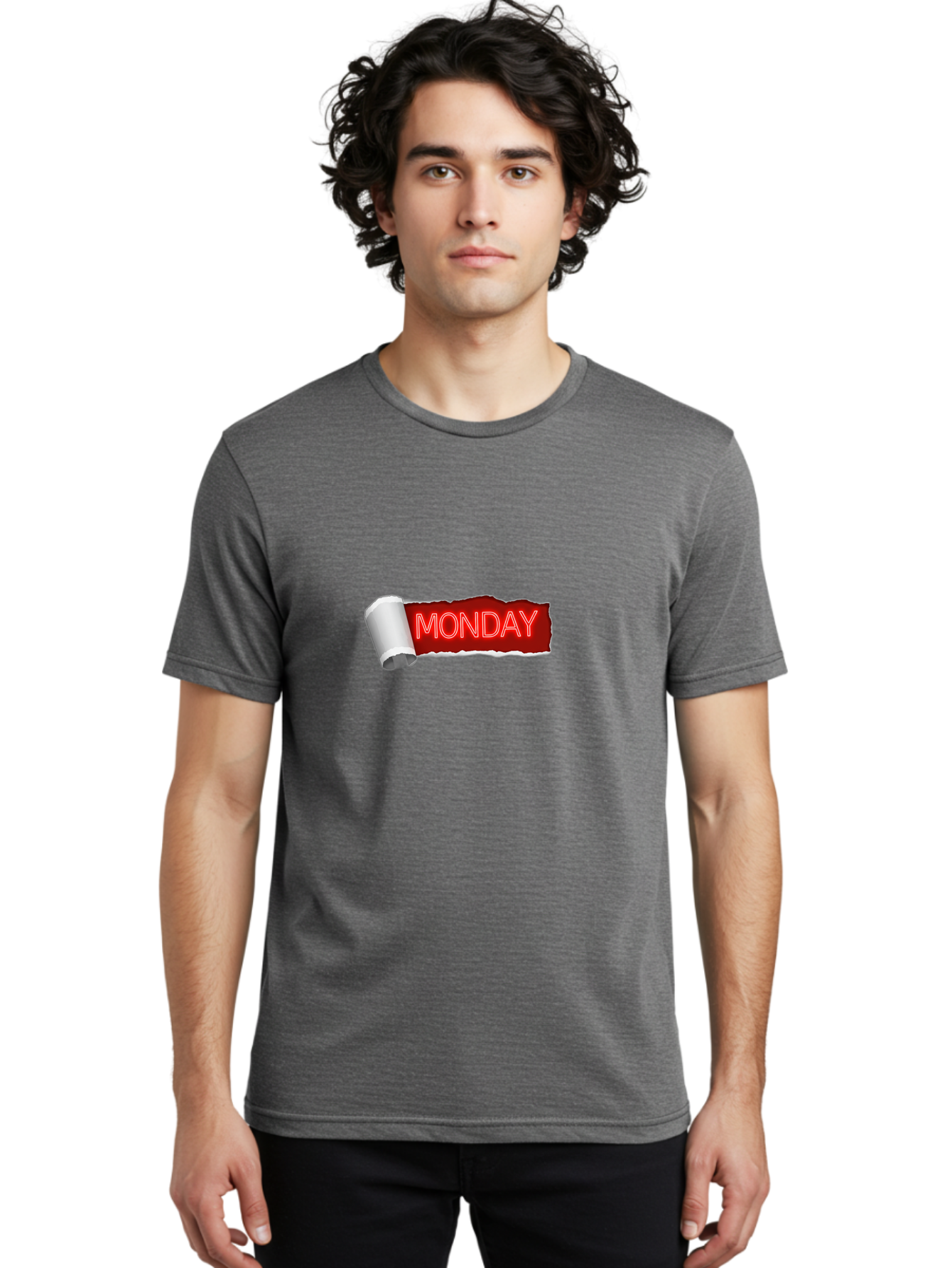 Monday-5 Men'S Graphic Tee, 100% Cotton, Comfortable Casual Summer Wear, Machine Washable, Monday Text, Ripped Paper Effect, Red And White Color Scheme, Bold Font, Weekly Reminder, Morning Motivation, Day Of The Week, Calendar Label Bae512