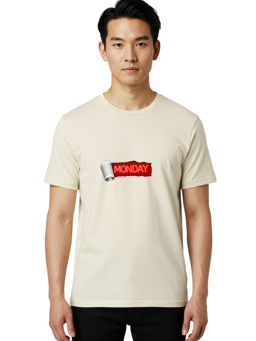 Monday-5 Men'S Graphic Tee, 100% Cotton, Comfortable Casual Summer Wear, Machine Washable, Monday Text, Ripped Paper Effect, Red And White Color Scheme, Bold Font, Weekly Reminder, Morning Motivation, Day Of The Week, Calendar Label Bae512
