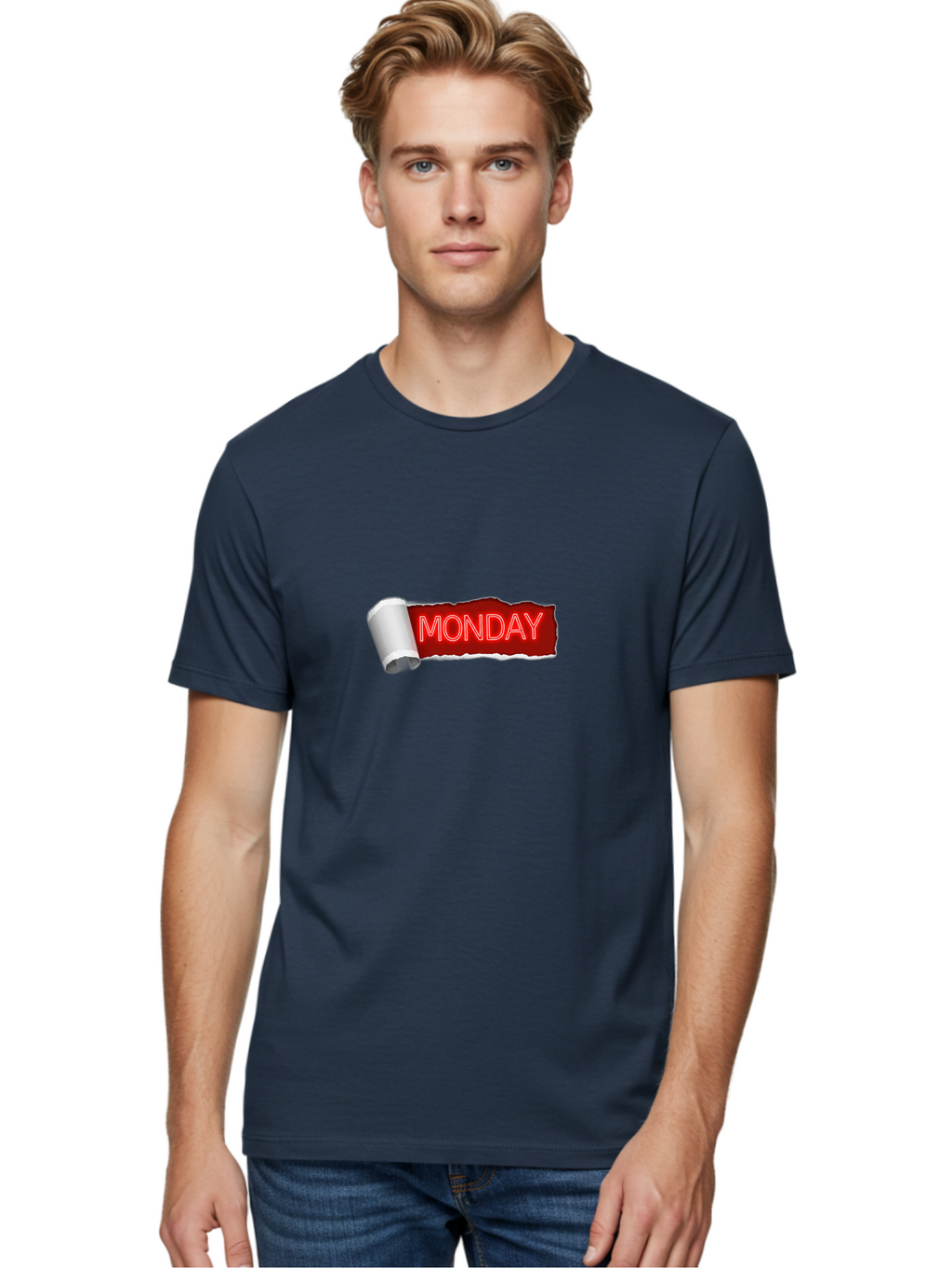 Monday-5 Men'S Graphic Tee, 100% Cotton, Comfortable Casual Summer Wear, Machine Washable, Monday Text, Ripped Paper Effect, Red And White Color Scheme, Bold Font, Weekly Reminder, Morning Motivation, Day Of The Week, Calendar Label Bae512