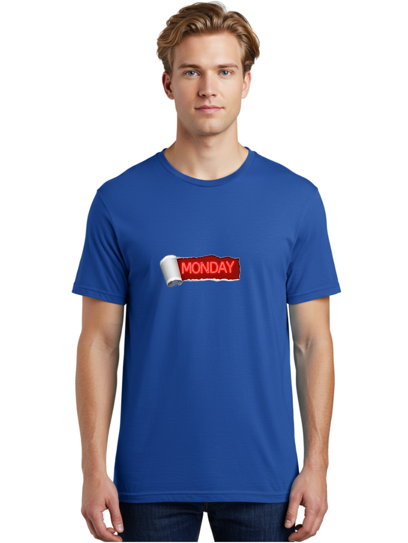 Monday-5 Men'S Graphic Tee, 100% Cotton, Comfortable Casual Summer Wear, Machine Washable, Monday Text, Ripped Paper Effect, Red And White Color Scheme, Bold Font, Weekly Reminder, Morning Motivation, Day Of The Week, Calendar Label Bae512