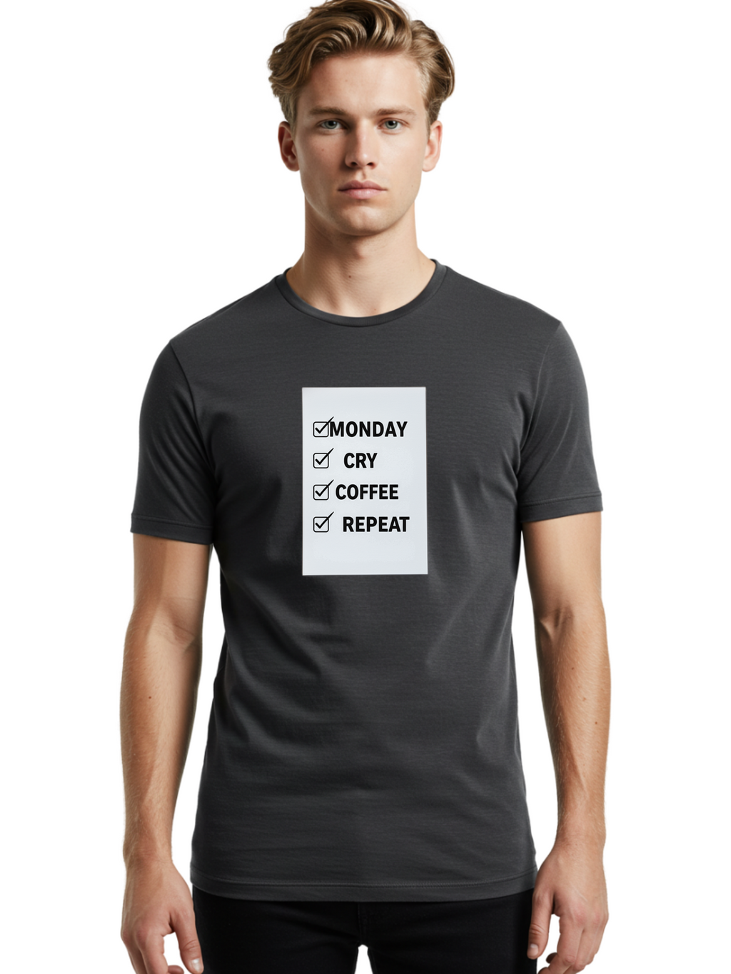 Monday-Cry-Coffee-Repeat-1 Men'S Graphic Tee, 100% Cotton, Comfortable Casual Summer Wear, Machine Washable, Monday Motivation, Funny To-Do List, Coffee Humor, Monday Blues, Office Humor, Work Life Balance, Morning Routine, Coffee Break Bae514