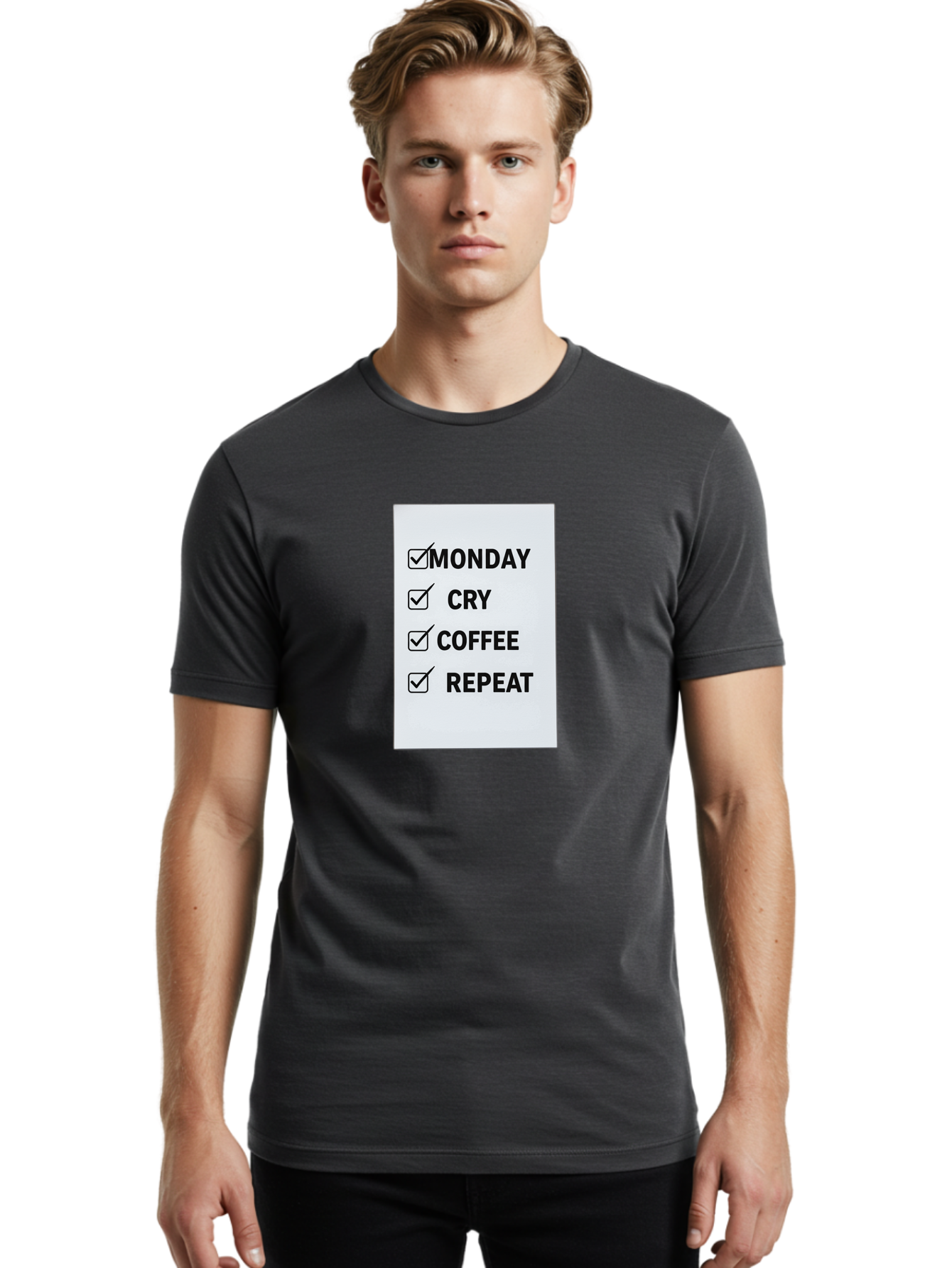 Monday-Cry-Coffee-Repeat-1 Men'S Graphic Tee, 100% Cotton, Comfortable Casual Summer Wear, Machine Washable, Monday Motivation, Funny To-Do List, Coffee Humor, Monday Blues, Office Humor, Work Life Balance, Morning Routine, Coffee Break Bae514