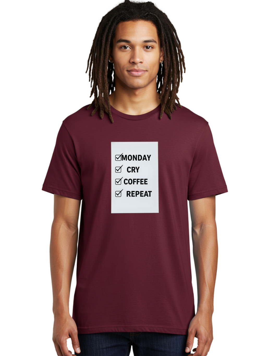 Monday-Cry-Coffee-Repeat-1 Men'S Graphic Tee, 100% Cotton, Comfortable Casual Summer Wear, Machine Washable, Monday Motivation, Funny To-Do List, Coffee Humor, Monday Blues, Office Humor, Work Life Balance, Morning Routine, Coffee Break Bae514
