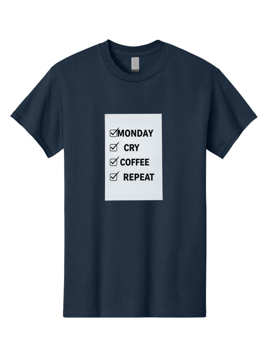 Monday-Cry-Coffee-Repeat-1 Men'S Graphic Tee, 100% Cotton, Comfortable Casual Summer Wear, Machine Washable, Monday Motivation, Funny To-Do List, Coffee Humor, Monday Blues, Office Humor, Work Life Balance, Morning Routine, Coffee Break Bae514