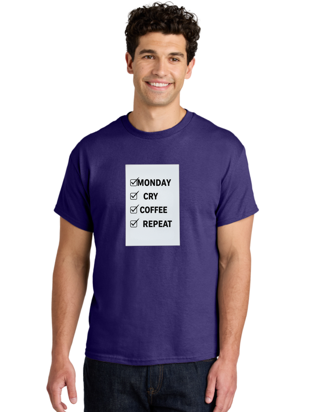 Monday-Cry-Coffee-Repeat-1 Men'S Graphic Tee, 100% Cotton, Comfortable Casual Summer Wear, Machine Washable, Monday Motivation, Funny To-Do List, Coffee Humor, Monday Blues, Office Humor, Work Life Balance, Morning Routine, Coffee Break Bae514