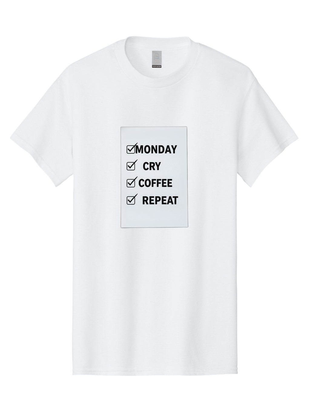 Monday-Cry-Coffee-Repeat-1 Men'S Graphic Tee, 100% Cotton, Comfortable Casual Summer Wear, Machine Washable, Monday Motivation, Funny To-Do List, Coffee Humor, Monday Blues, Office Humor, Work Life Balance, Morning Routine, Coffee Break Bae514