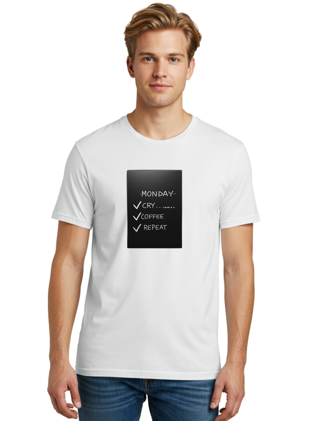 Monday-Cry-Coffee-Repeat-2 Men'S Graphic Tee, 100% Cotton, Comfortable Casual Summer Wear, Machine Washable, Humorous Quote, Monday Motivation, Funny Memes, Coffee Lover, Monday Blues, Motivational Quotes, Relatable Humor Bae515