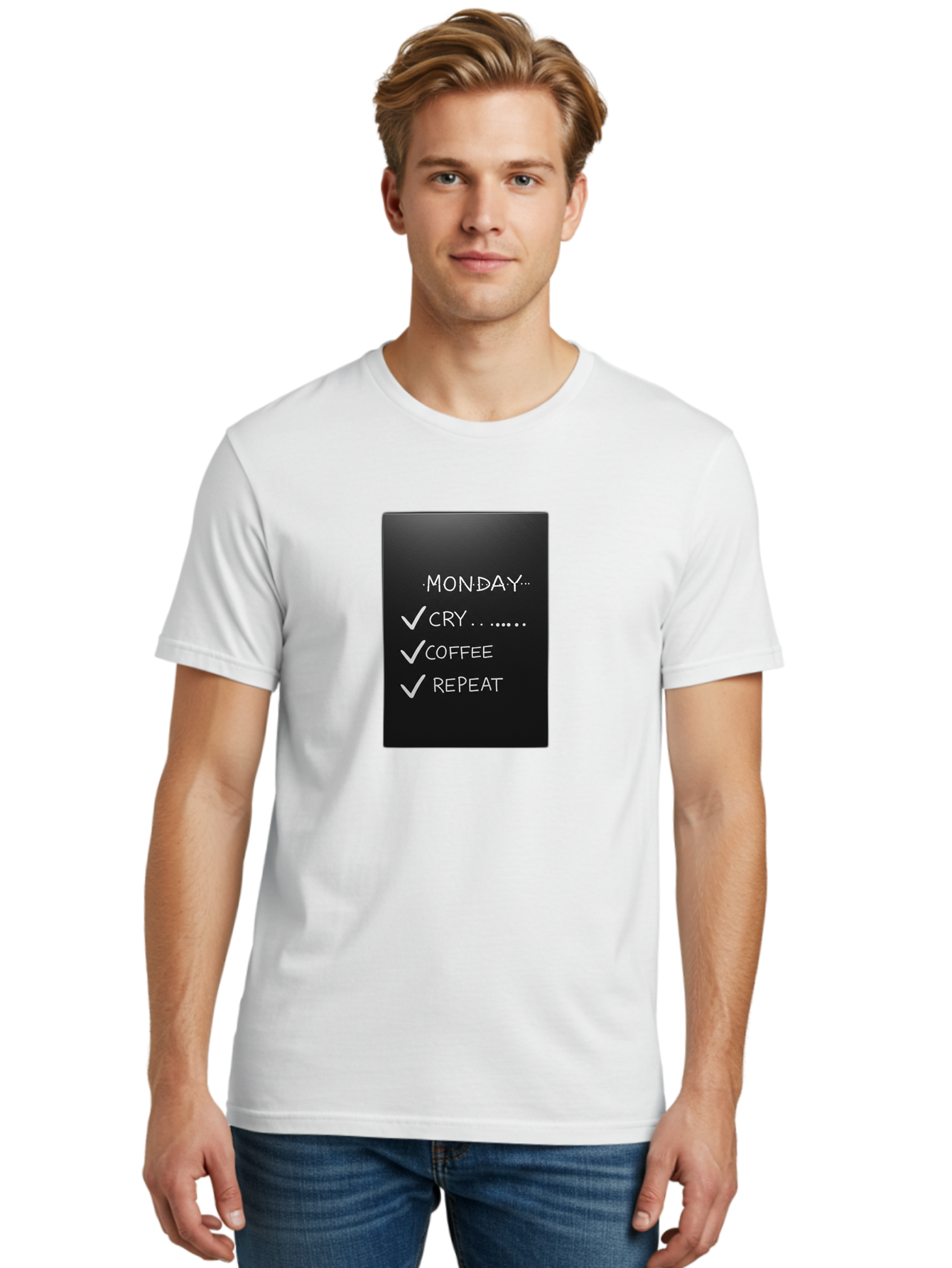 Monday-Cry-Coffee-Repeat-2 Men'S Graphic Tee, 100% Cotton, Comfortable Casual Summer Wear, Machine Washable, Humorous Quote, Monday Motivation, Funny Memes, Coffee Lover, Monday Blues, Motivational Quotes, Relatable Humor Bae515