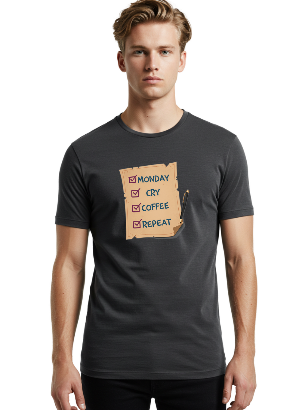 Monday-Cry-Coffee-Repeat-3 Men'S Graphic Tee, 100% Cotton, Comfortable Casual Summer Wear, Machine Washable, Humorous To-Do List, Monday Motivation, Coffee Humor, Funny Office Quotes, Relatable Workspace, Quirky Stationery, Bae516
