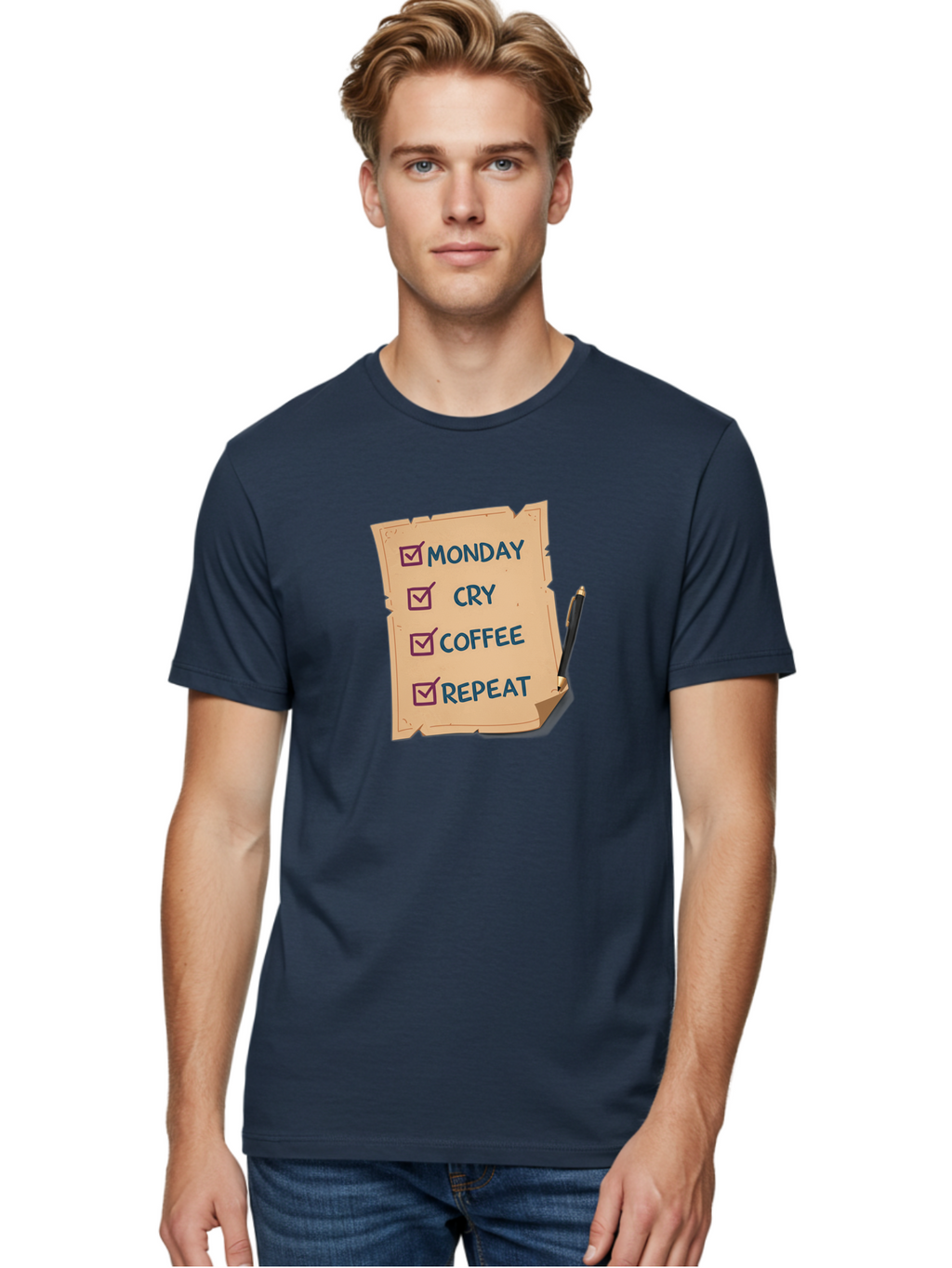 Monday-Cry-Coffee-Repeat-3 Men'S Graphic Tee, 100% Cotton, Comfortable Casual Summer Wear, Machine Washable, Humorous To-Do List, Monday Motivation, Coffee Humor, Funny Office Quotes, Relatable Workspace, Quirky Stationery, Bae516