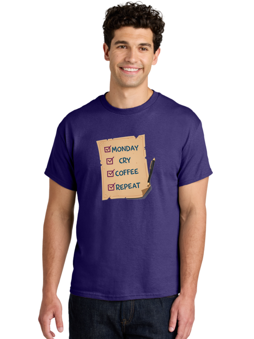 Monday-Cry-Coffee-Repeat-3 Men'S Graphic Tee, 100% Cotton, Comfortable Casual Summer Wear, Machine Washable, Humorous To-Do List, Monday Motivation, Coffee Humor, Funny Office Quotes, Relatable Workspace, Quirky Stationery, Bae516