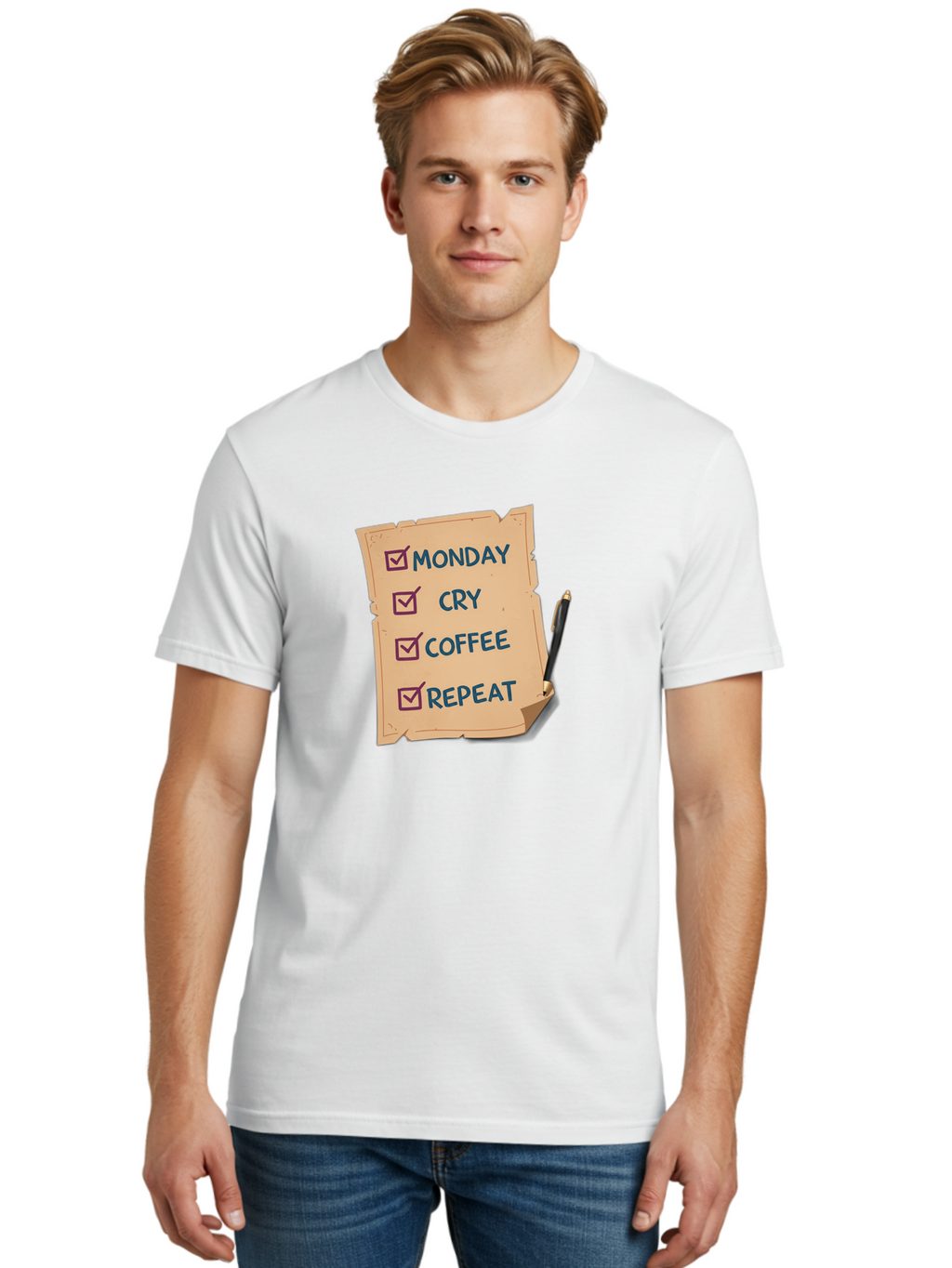 Monday-Cry-Coffee-Repeat-3 Men'S Graphic Tee, 100% Cotton, Comfortable Casual Summer Wear, Machine Washable, Humorous To-Do List, Monday Motivation, Coffee Humor, Funny Office Quotes, Relatable Workspace, Quirky Stationery, Bae516