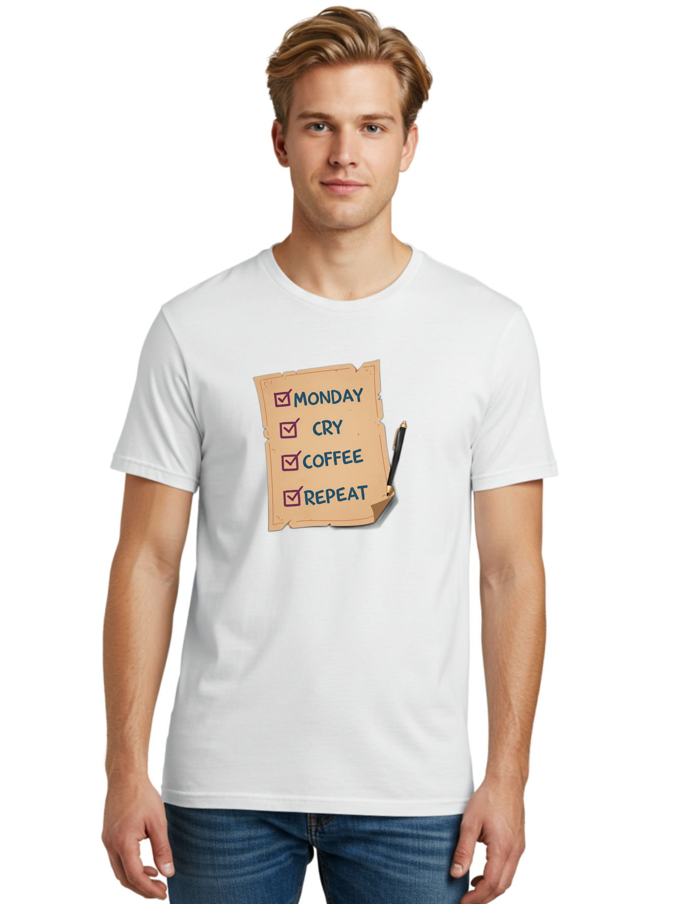 Monday-Cry-Coffee-Repeat-3 Men'S Graphic Tee, 100% Cotton, Comfortable Casual Summer Wear, Machine Washable, Humorous To-Do List, Monday Motivation, Coffee Humor, Funny Office Quotes, Relatable Workspace, Quirky Stationery, Bae516