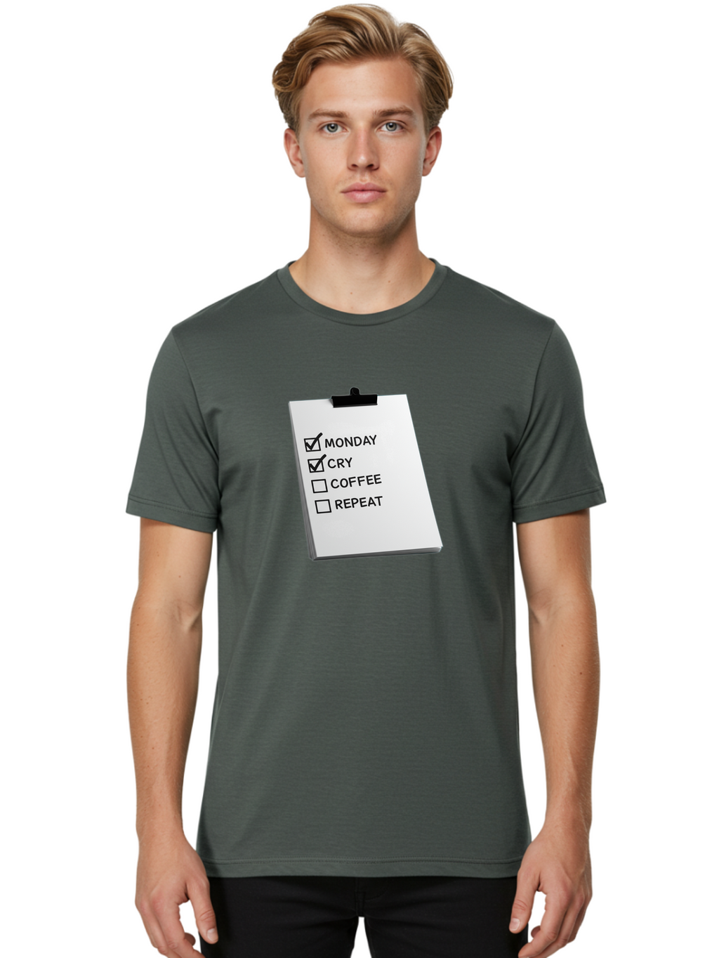 Monday-Cry-Coffee-Repeat Men'S Graphic Tee, 100% Cotton, Comfortable Casual Summer Wear, Machine Washable, To-Do List, Monday Blues, Cry, Coffee Break, Repeat Cycle, Humor, Relatable, Checklist, Productivity, Morning Routine, Motivation Bae517