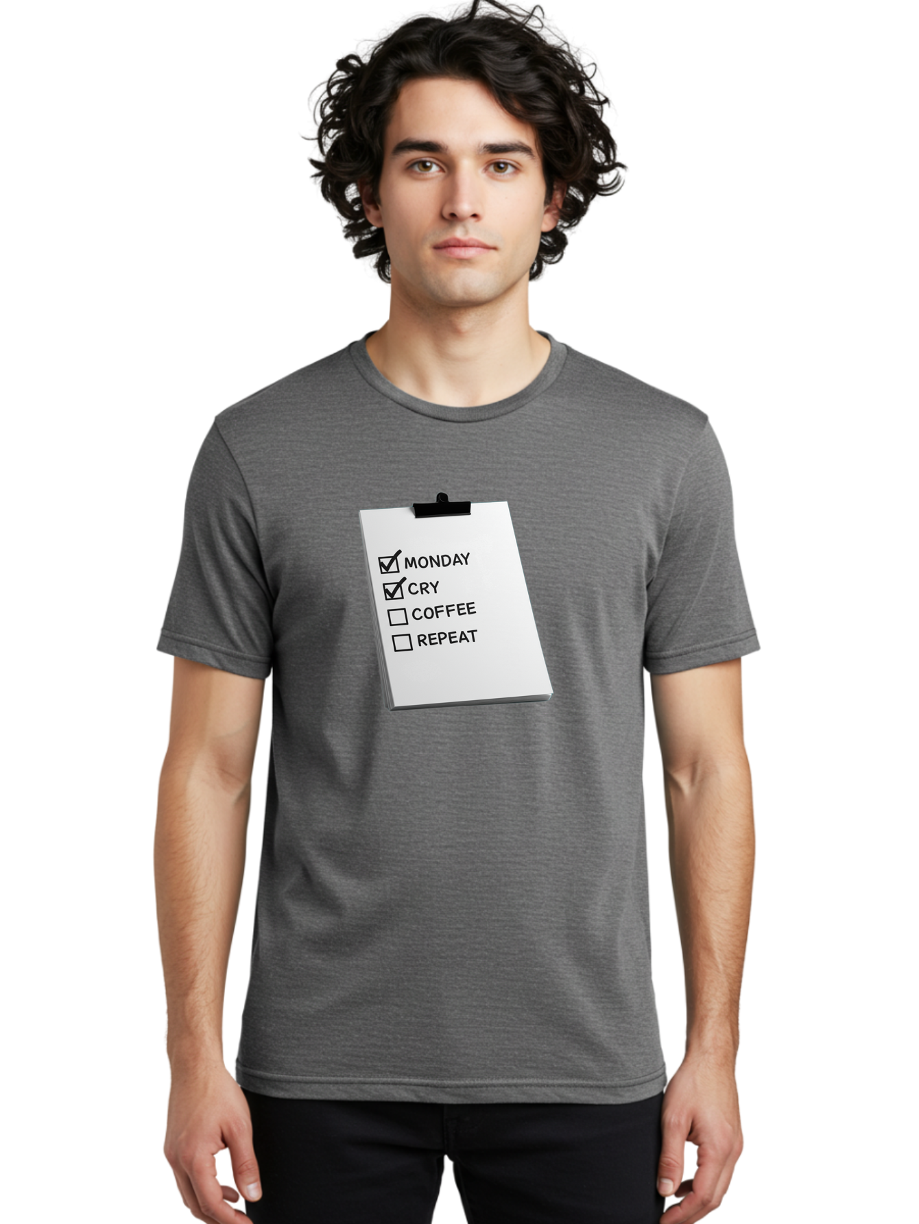 Monday-Cry-Coffee-Repeat Men'S Graphic Tee, 100% Cotton, Comfortable Casual Summer Wear, Machine Washable, To-Do List, Monday Blues, Cry, Coffee Break, Repeat Cycle, Humor, Relatable, Checklist, Productivity, Morning Routine, Motivation Bae517