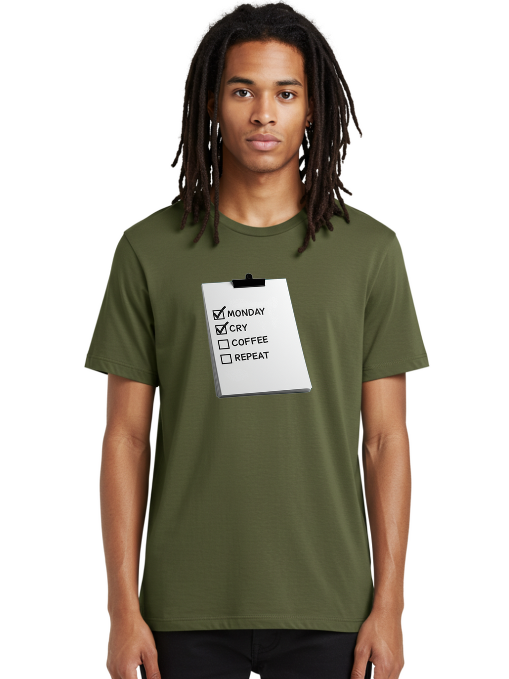 Monday-Cry-Coffee-Repeat Men'S Graphic Tee, 100% Cotton, Comfortable Casual Summer Wear, Machine Washable, To-Do List, Monday Blues, Cry, Coffee Break, Repeat Cycle, Humor, Relatable, Checklist, Productivity, Morning Routine, Motivation Bae517