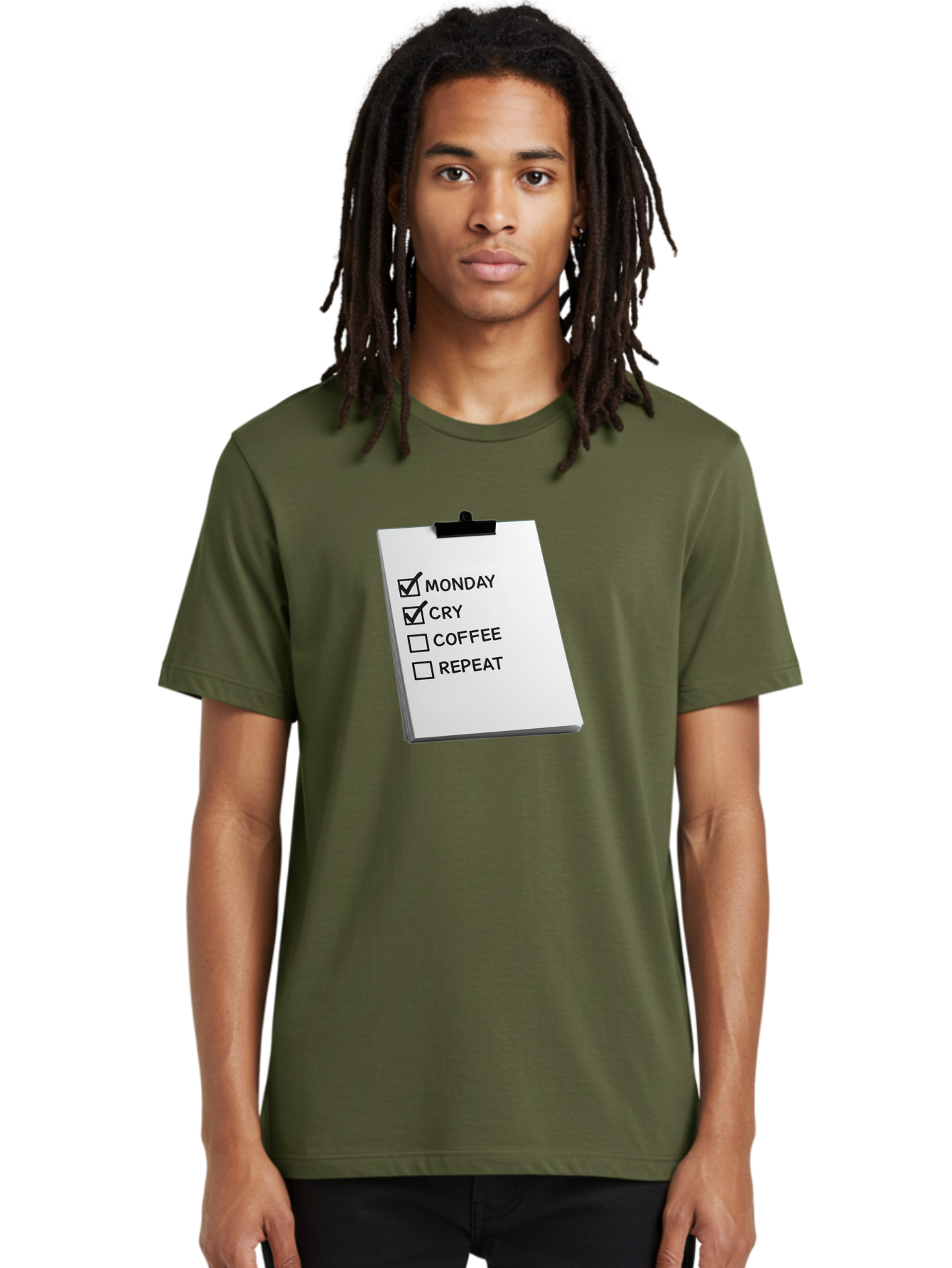 Monday-Cry-Coffee-Repeat Men'S Graphic Tee, 100% Cotton, Comfortable Casual Summer Wear, Machine Washable, To-Do List, Monday Blues, Cry, Coffee Break, Repeat Cycle, Humor, Relatable, Checklist, Productivity, Morning Routine, Motivation Bae517