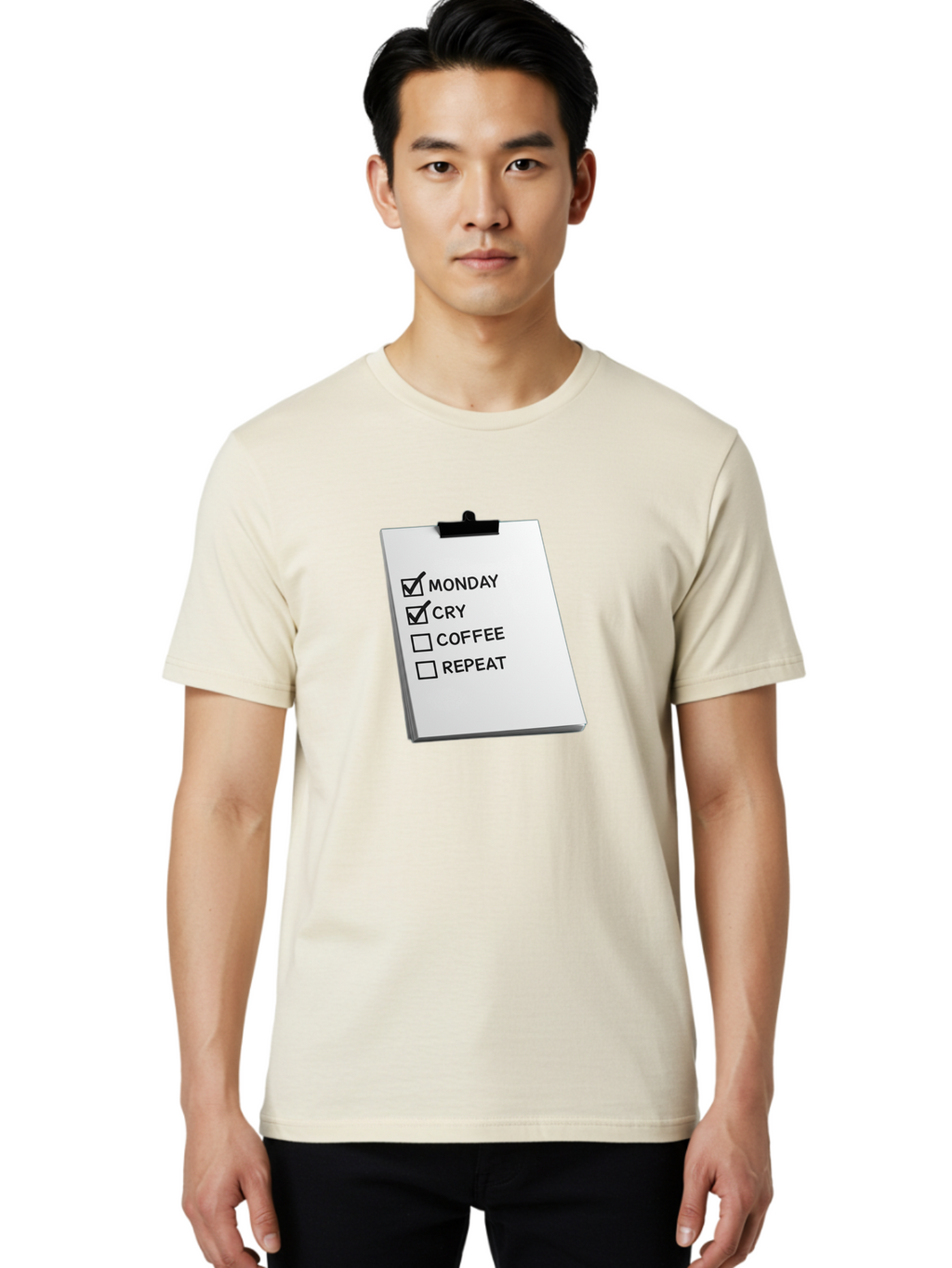 Monday-Cry-Coffee-Repeat Men'S Graphic Tee, 100% Cotton, Comfortable Casual Summer Wear, Machine Washable, To-Do List, Monday Blues, Cry, Coffee Break, Repeat Cycle, Humor, Relatable, Checklist, Productivity, Morning Routine, Motivation Bae517