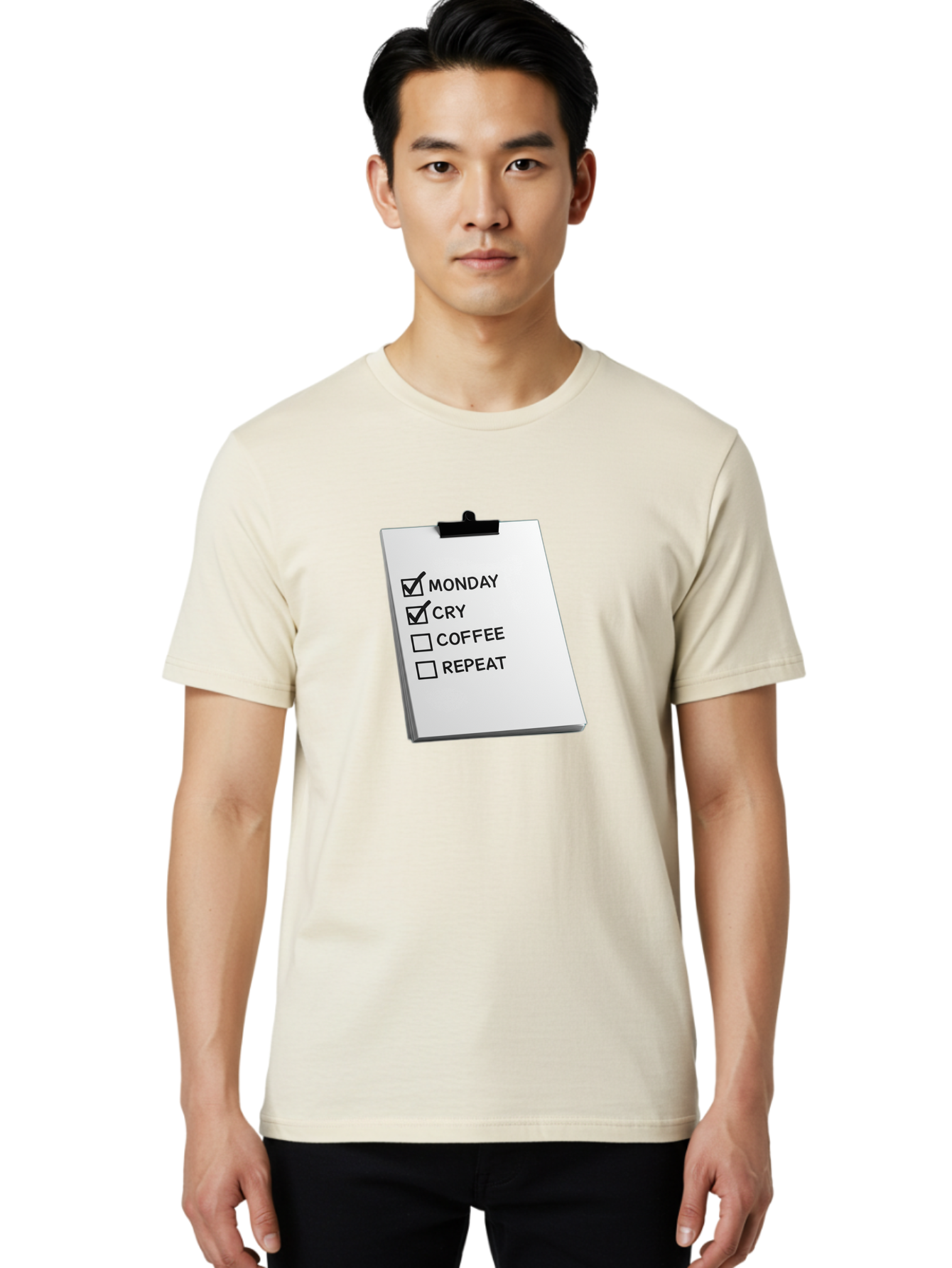 Monday-Cry-Coffee-Repeat Men'S Graphic Tee, 100% Cotton, Comfortable Casual Summer Wear, Machine Washable, To-Do List, Monday Blues, Cry, Coffee Break, Repeat Cycle, Humor, Relatable, Checklist, Productivity, Morning Routine, Motivation Bae517