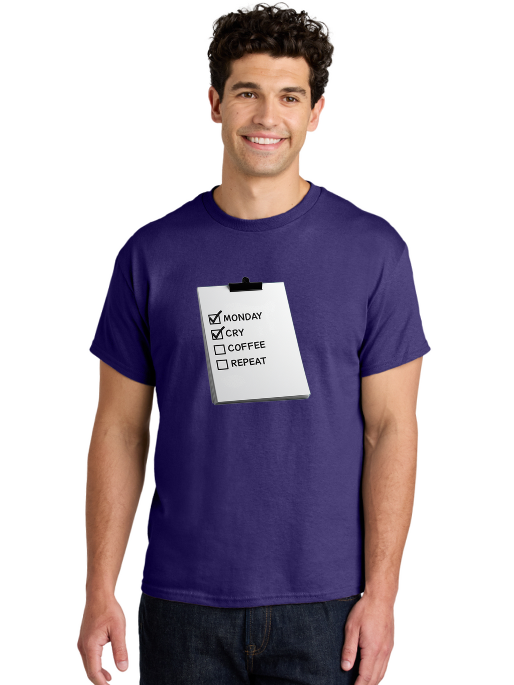 Monday-Cry-Coffee-Repeat Men'S Graphic Tee, 100% Cotton, Comfortable Casual Summer Wear, Machine Washable, To-Do List, Monday Blues, Cry, Coffee Break, Repeat Cycle, Humor, Relatable, Checklist, Productivity, Morning Routine, Motivation Bae517