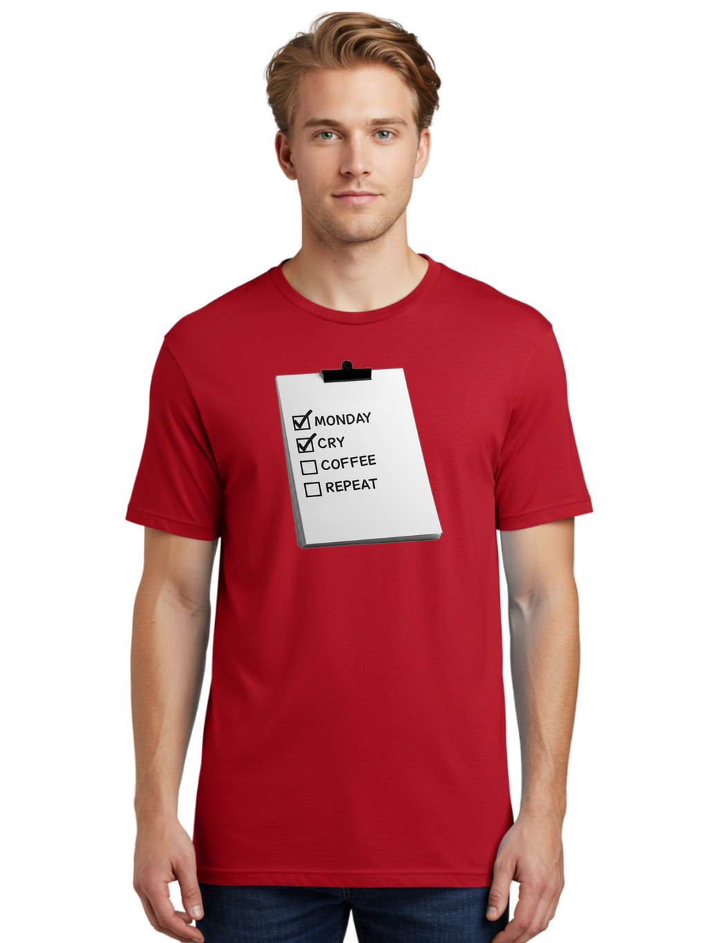 Monday-Cry-Coffee-Repeat Men'S Graphic Tee, 100% Cotton, Comfortable Casual Summer Wear, Machine Washable, To-Do List, Monday Blues, Cry, Coffee Break, Repeat Cycle, Humor, Relatable, Checklist, Productivity, Morning Routine, Motivation Bae517