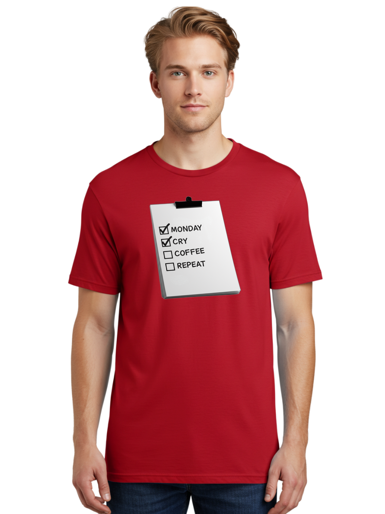 Monday-Cry-Coffee-Repeat Men'S Graphic Tee, 100% Cotton, Comfortable Casual Summer Wear, Machine Washable, To-Do List, Monday Blues, Cry, Coffee Break, Repeat Cycle, Humor, Relatable, Checklist, Productivity, Morning Routine, Motivation Bae517
