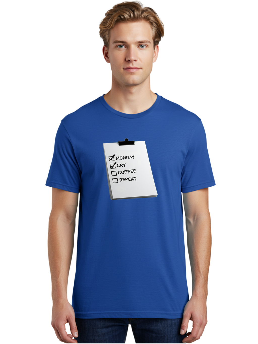 Monday-Cry-Coffee-Repeat Men'S Graphic Tee, 100% Cotton, Comfortable Casual Summer Wear, Machine Washable, To-Do List, Monday Blues, Cry, Coffee Break, Repeat Cycle, Humor, Relatable, Checklist, Productivity, Morning Routine, Motivation Bae517