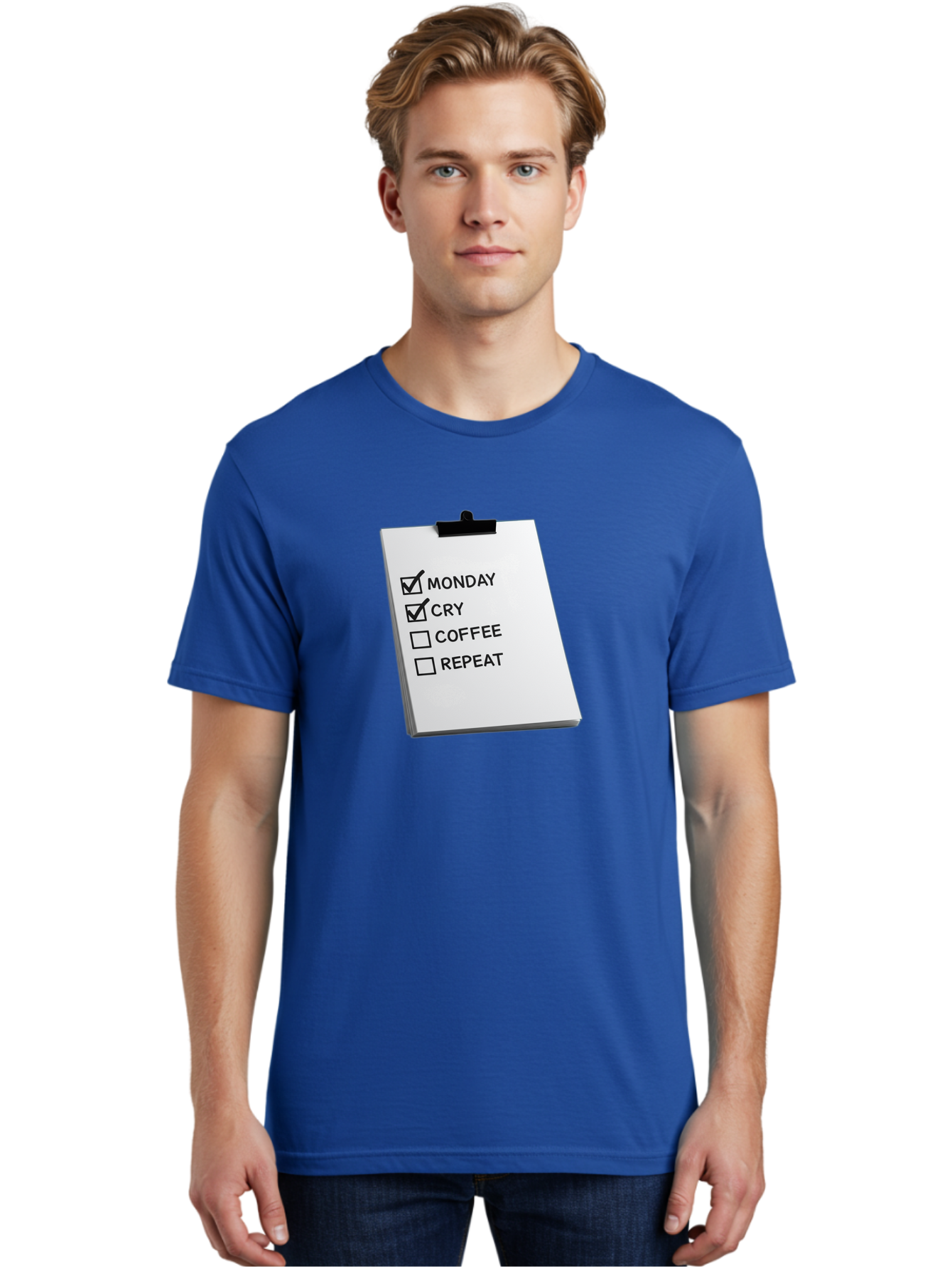 Monday-Cry-Coffee-Repeat Men'S Graphic Tee, 100% Cotton, Comfortable Casual Summer Wear, Machine Washable, To-Do List, Monday Blues, Cry, Coffee Break, Repeat Cycle, Humor, Relatable, Checklist, Productivity, Morning Routine, Motivation Bae517