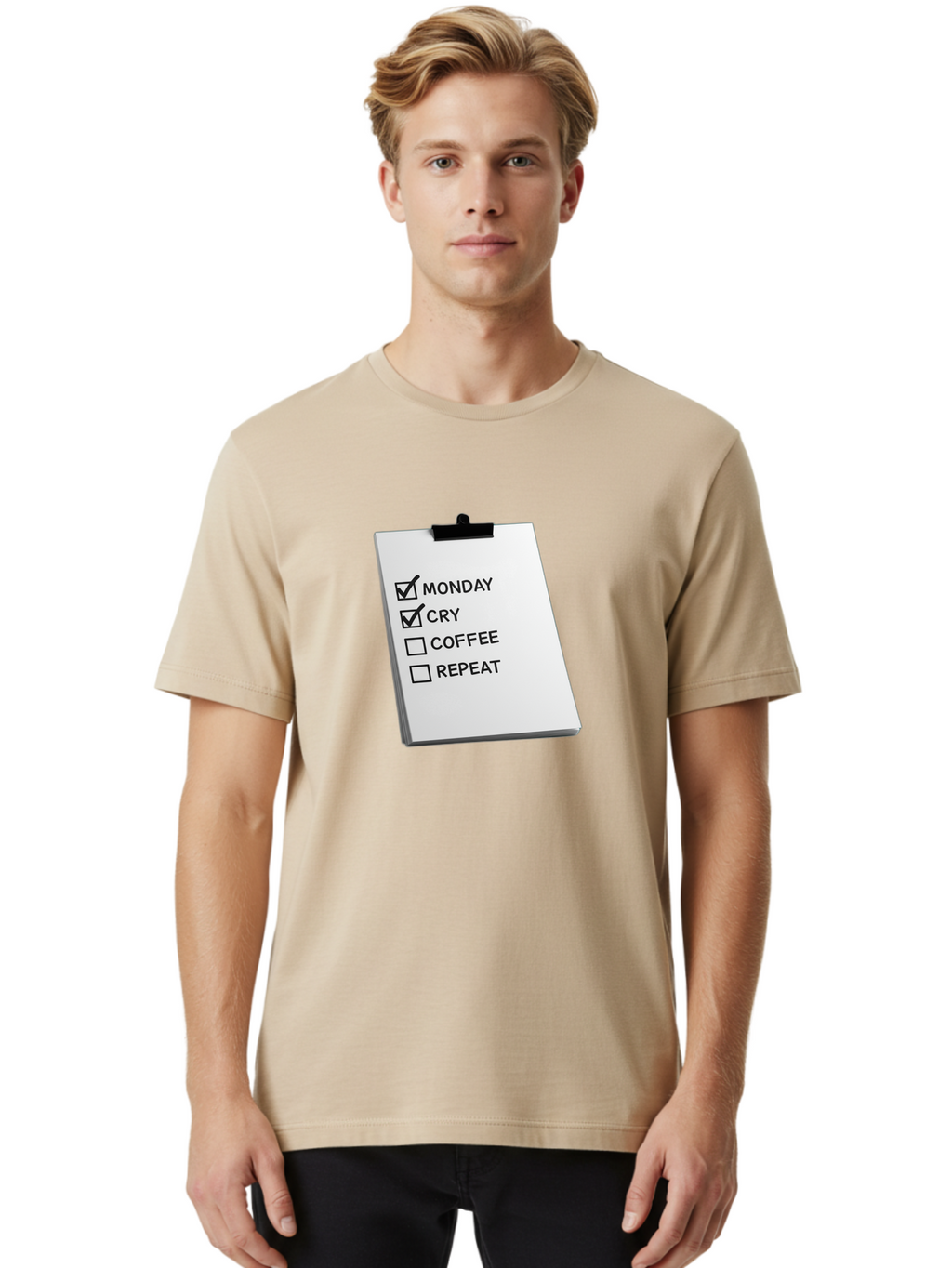 Monday-Cry-Coffee-Repeat Men'S Graphic Tee, 100% Cotton, Comfortable Casual Summer Wear, Machine Washable, To-Do List, Monday Blues, Cry, Coffee Break, Repeat Cycle, Humor, Relatable, Checklist, Productivity, Morning Routine, Motivation Bae517