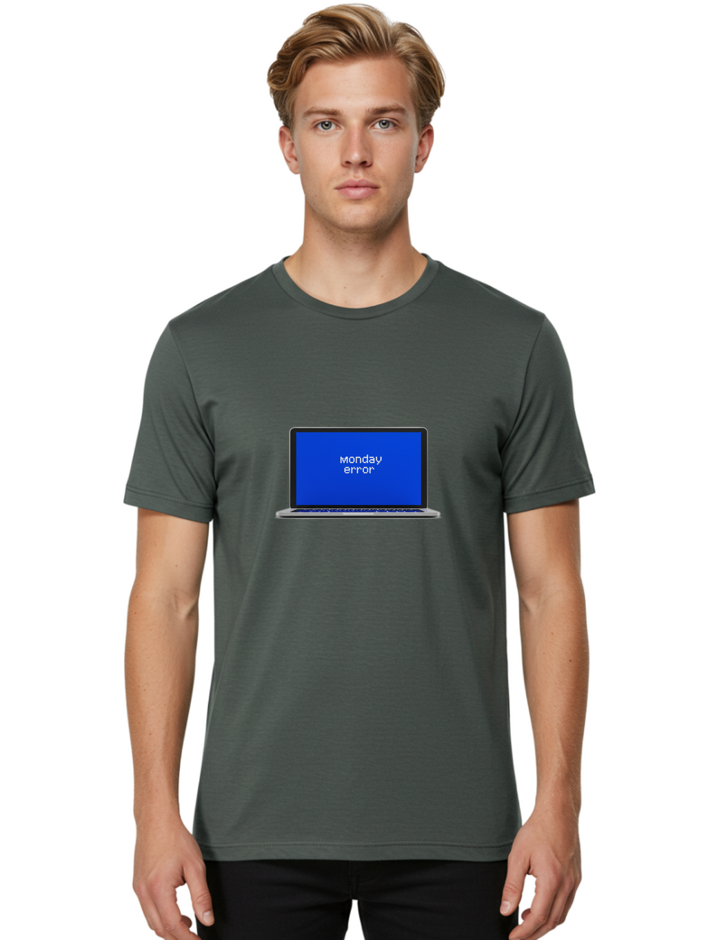 Monday-Error-1 Men'S Graphic Tee, 100% Cotton, Comfortable Casual Summer Wear, Machine Washable, Laptop Screen, Error Message, Blue Screen, Monday Blues, Technical Issue, Computer Problem, Glitch, System Failure Bae519