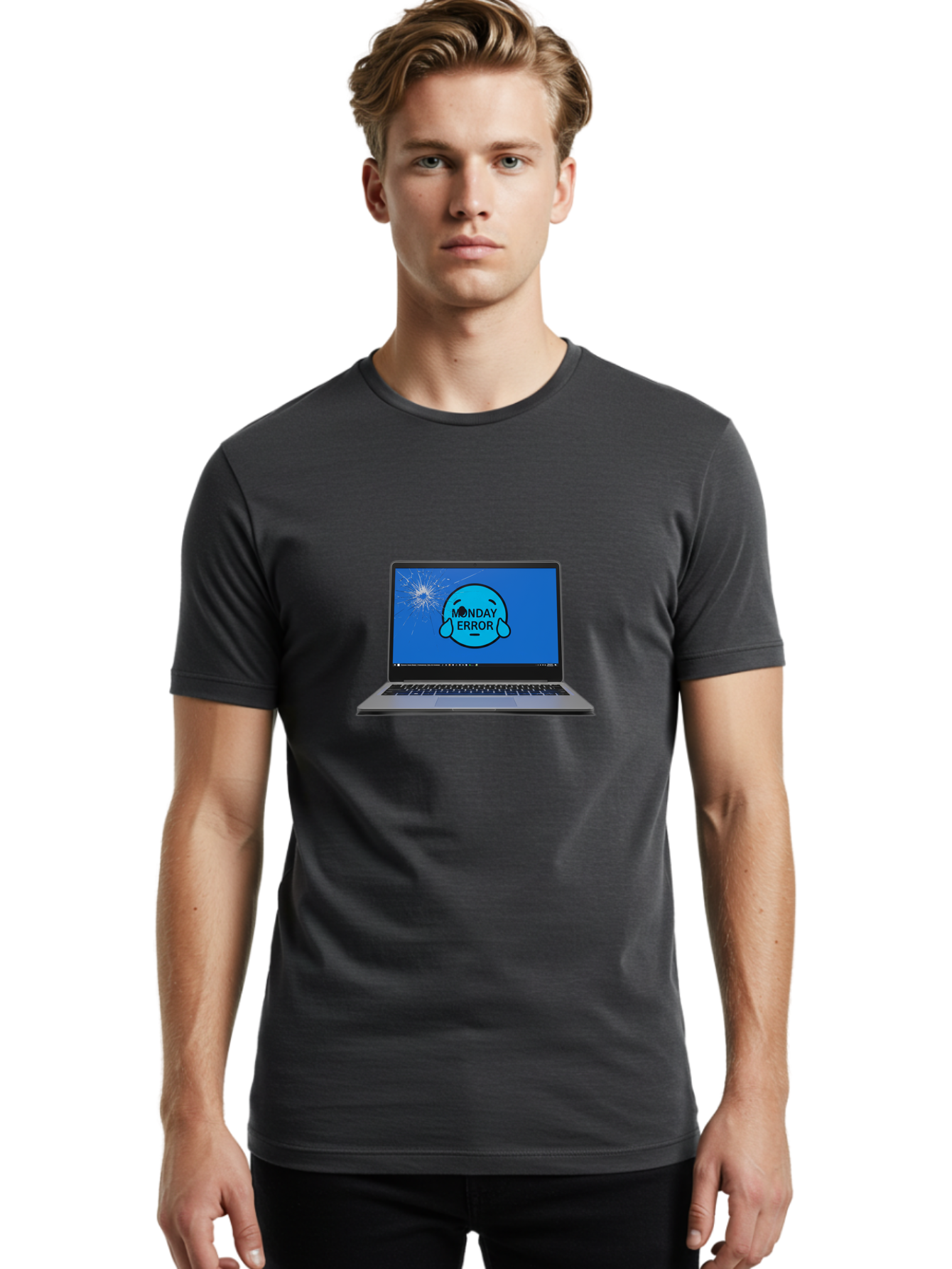 Monday-Error-10 Men'S Graphic Tee, 100% Cotton, Comfortable Casual Summer Wear, Machine Washable, Laptop Screen, Error Message, Monday Blues, Broken Computer, Tech Issue, System Failure, Sad Face, Cracked Screen, Digital Glitch Bae520
